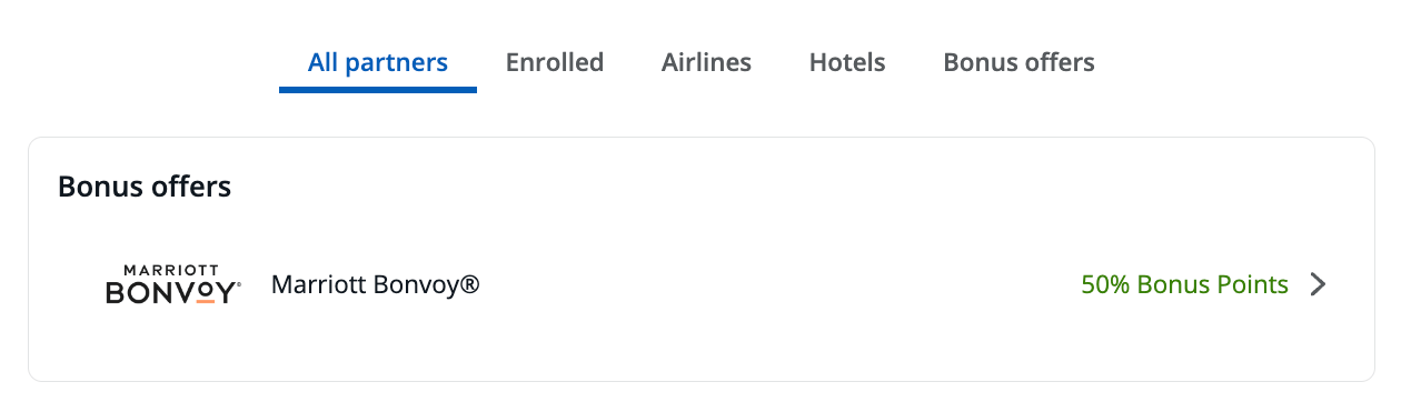 A screenshot showing the current 50% transfer bonus to Marriott
