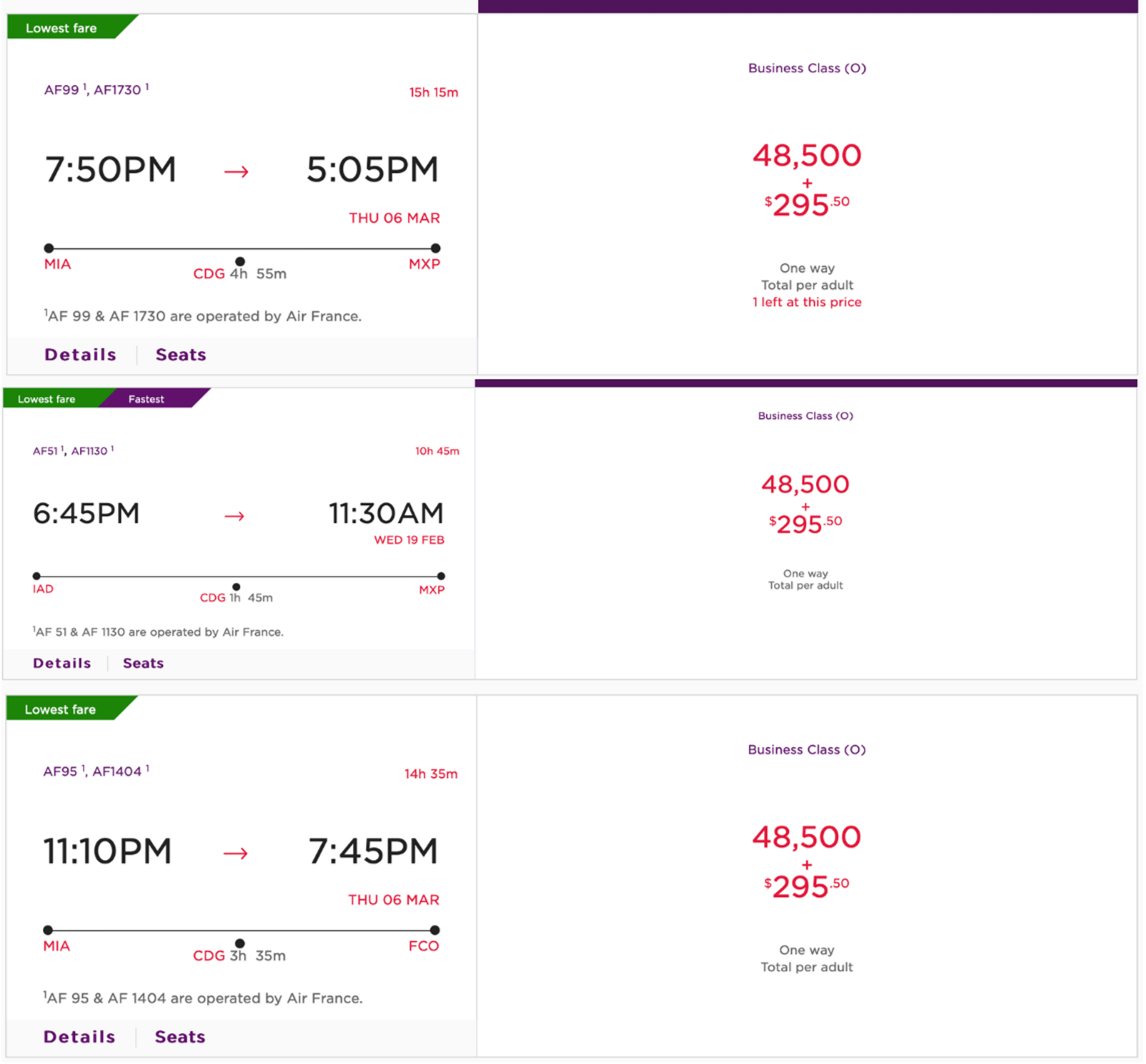 Example award bookings from Miami and D.C. to Milan and Rome for 48,500 points