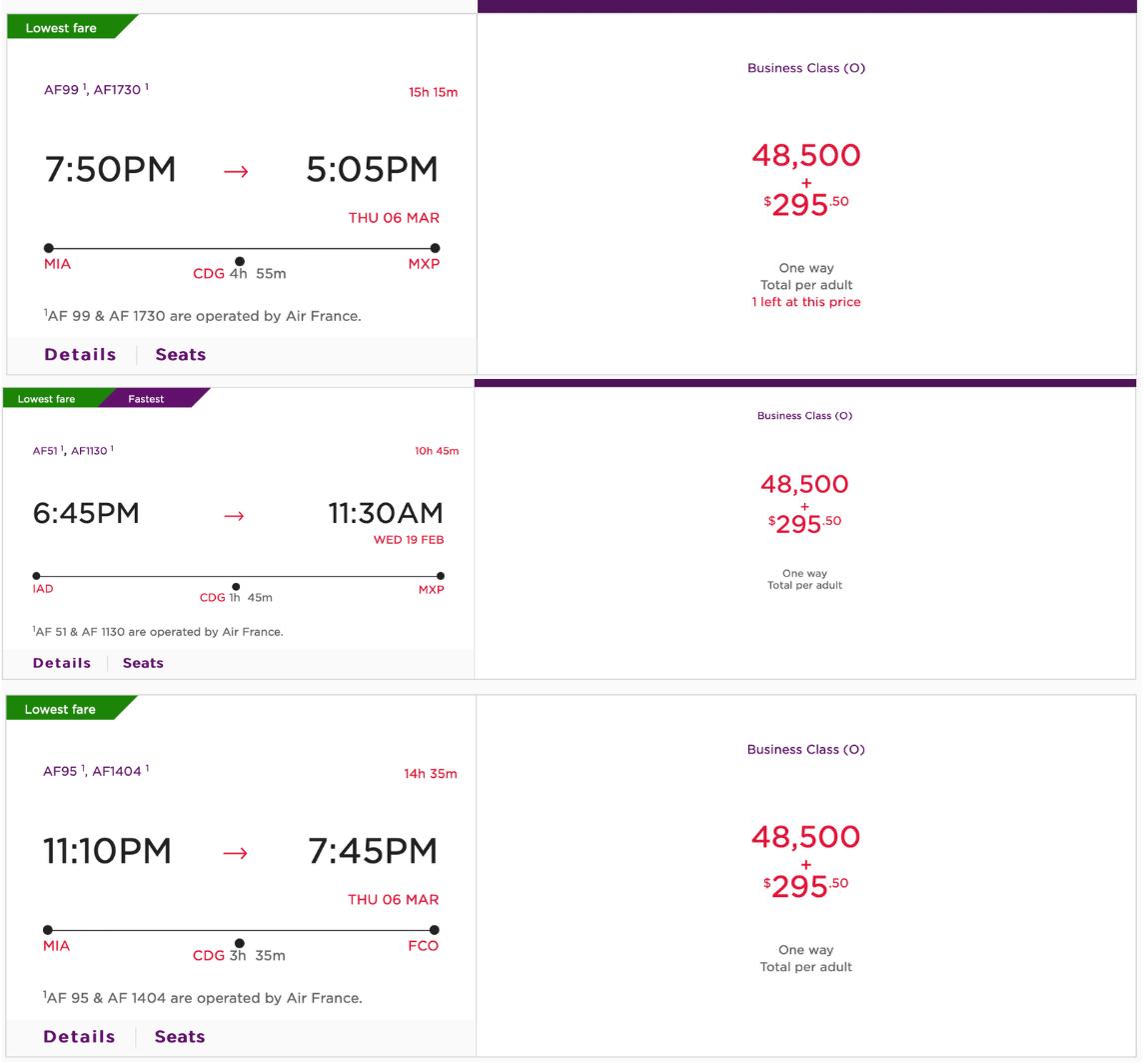 Example award bookings from Miami and D.C. to Milan and Rome for 48,500 points