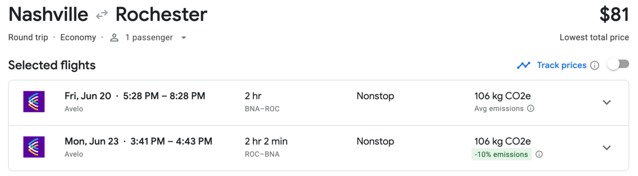 Nashville to Rochester for $81 round trip