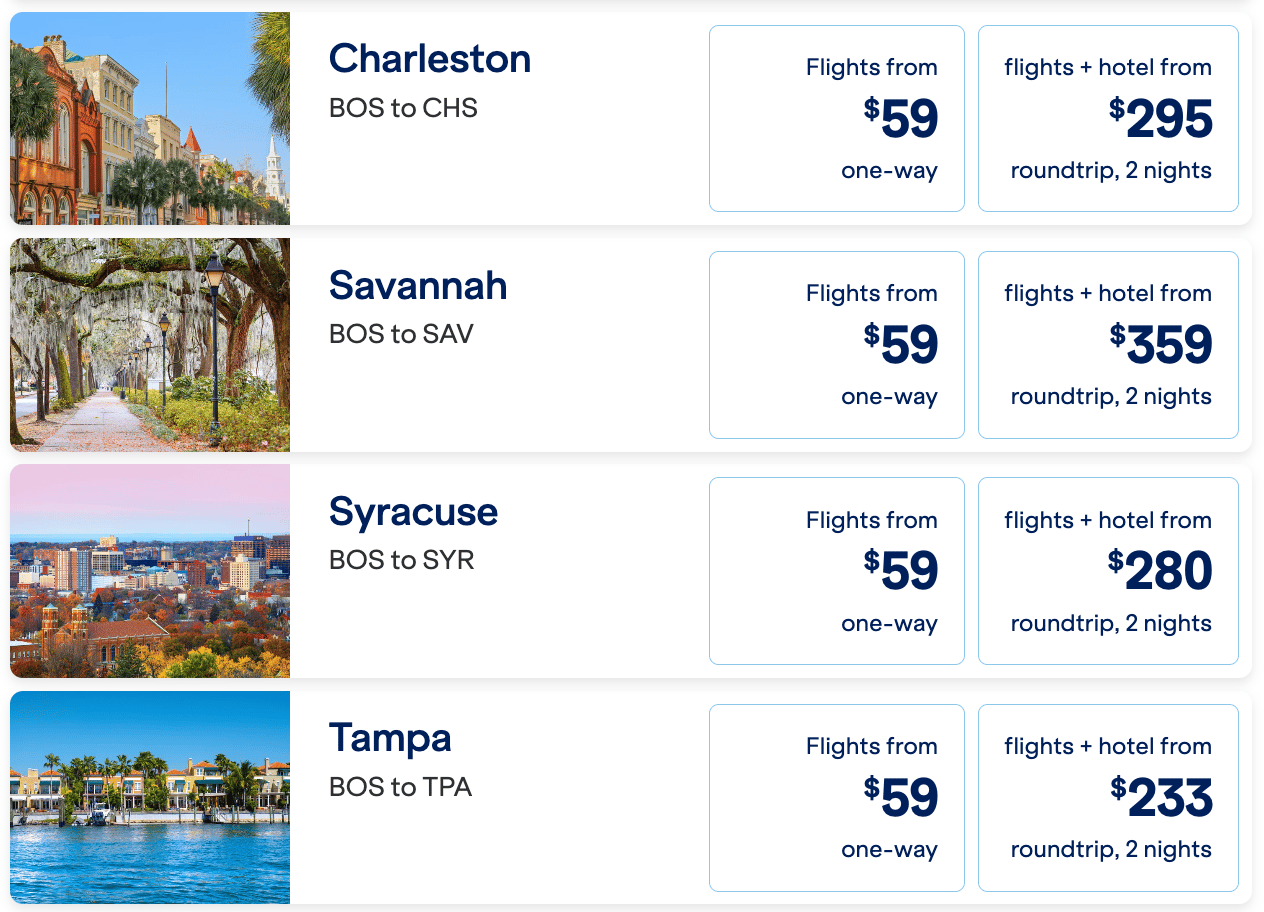 Examples of various flights from Boston for $59 one way