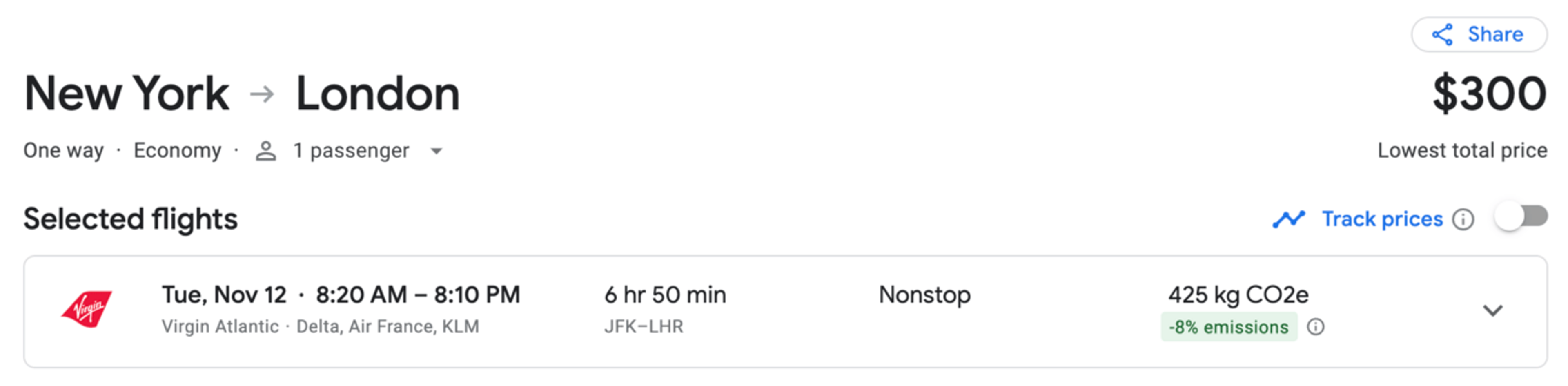 JFK-LHR for $300 on Virgin (Google flights)