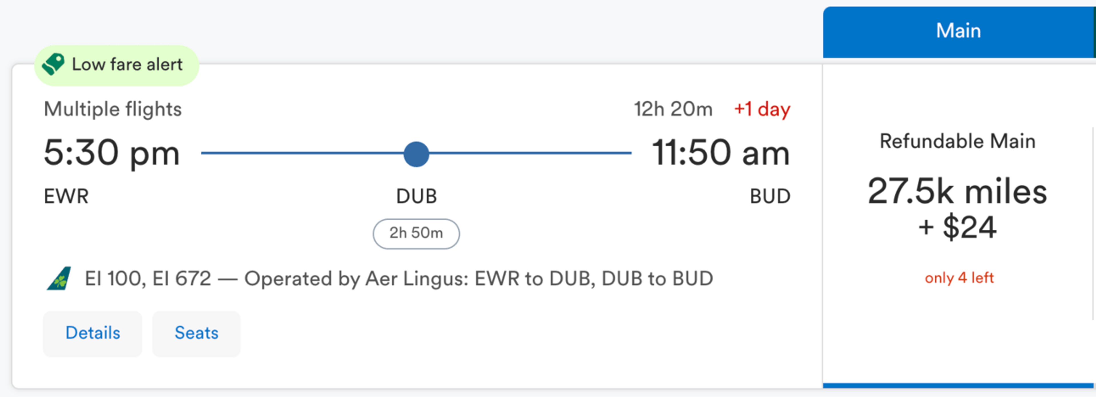 Sample booking from New York to Budapest for 27,500 Alaska miles