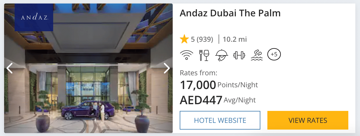 An example of a Hyatt hotl in Dubai that costs 17,000 Hyatt points per night