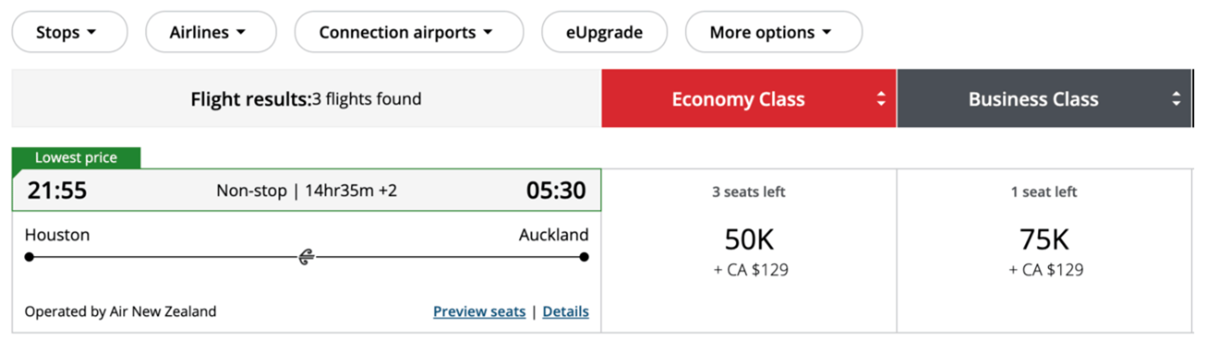Example booking with Aeroplan points showing economy for 50k points and 75k for business class