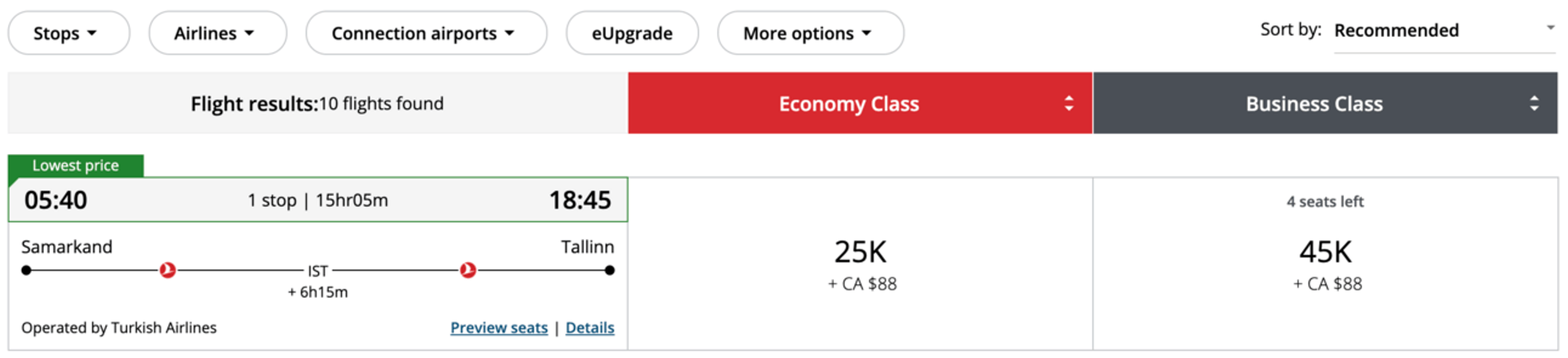 Aeroplan flight from SKD-TLL for 25,000 points