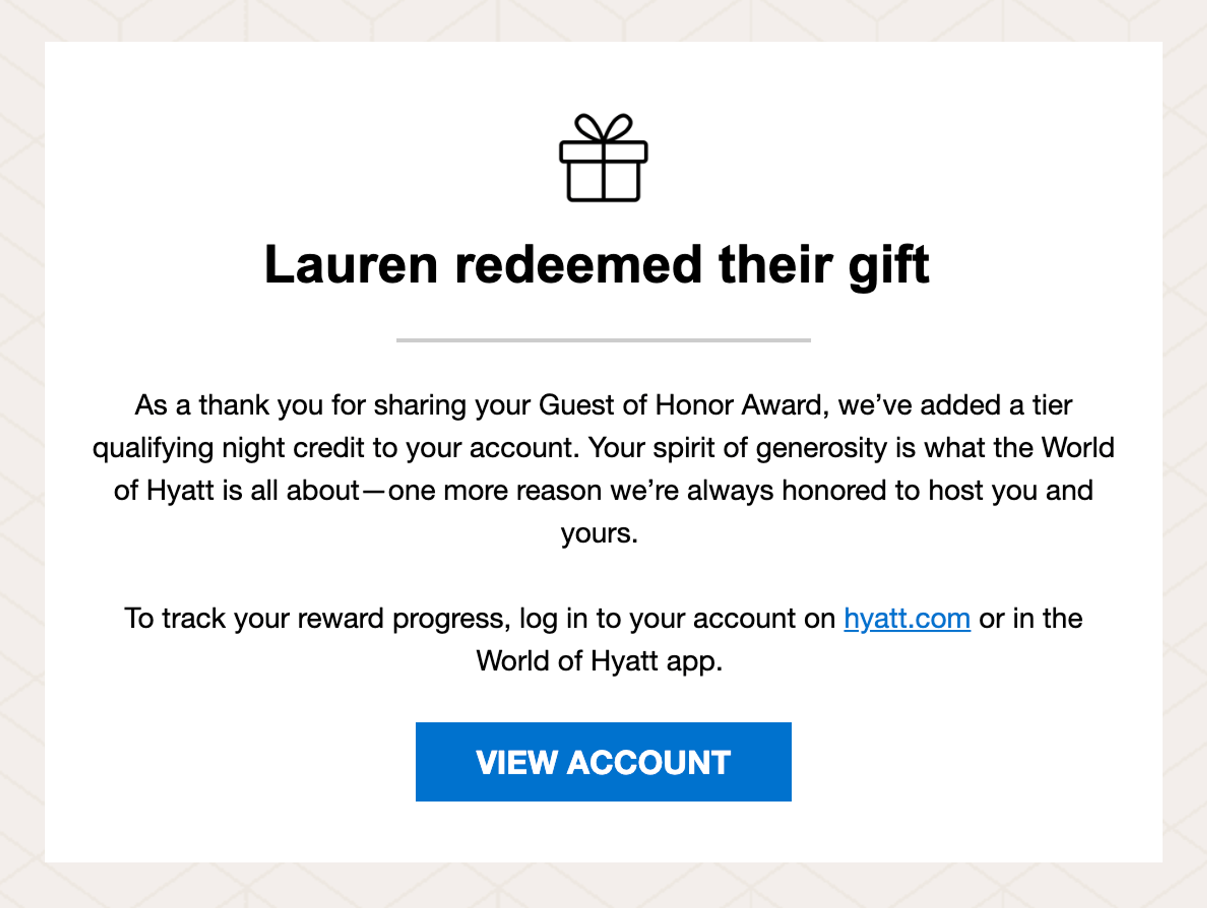 Email from Hyatt explaining that a DD reader used my Guest of Honor Award