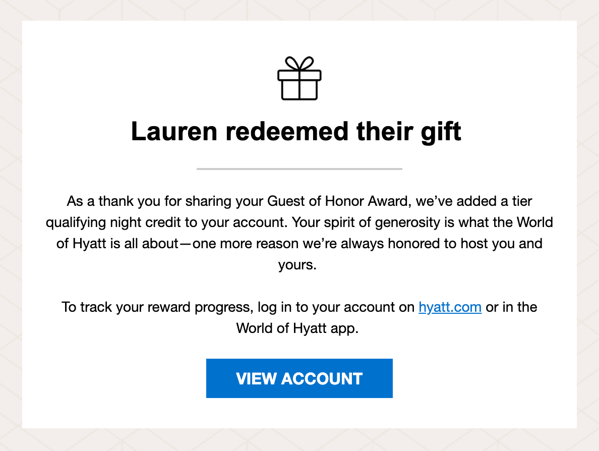Email from Hyatt explaining that a DD reader used my Guest of Honor Award