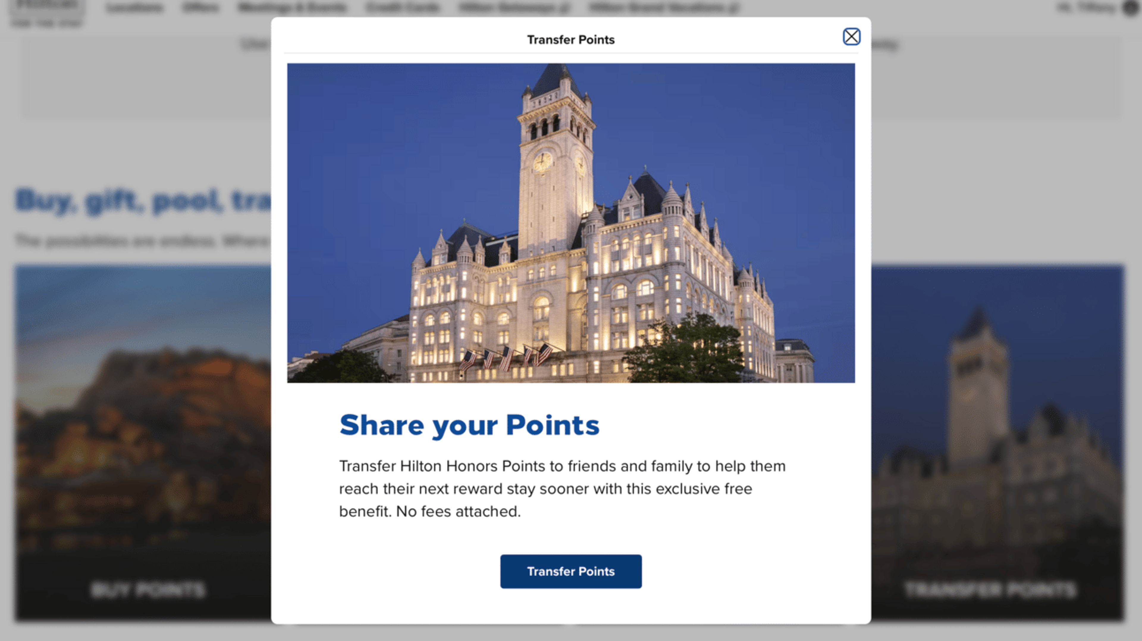 Screenshot of Hilton's "share your points" policy