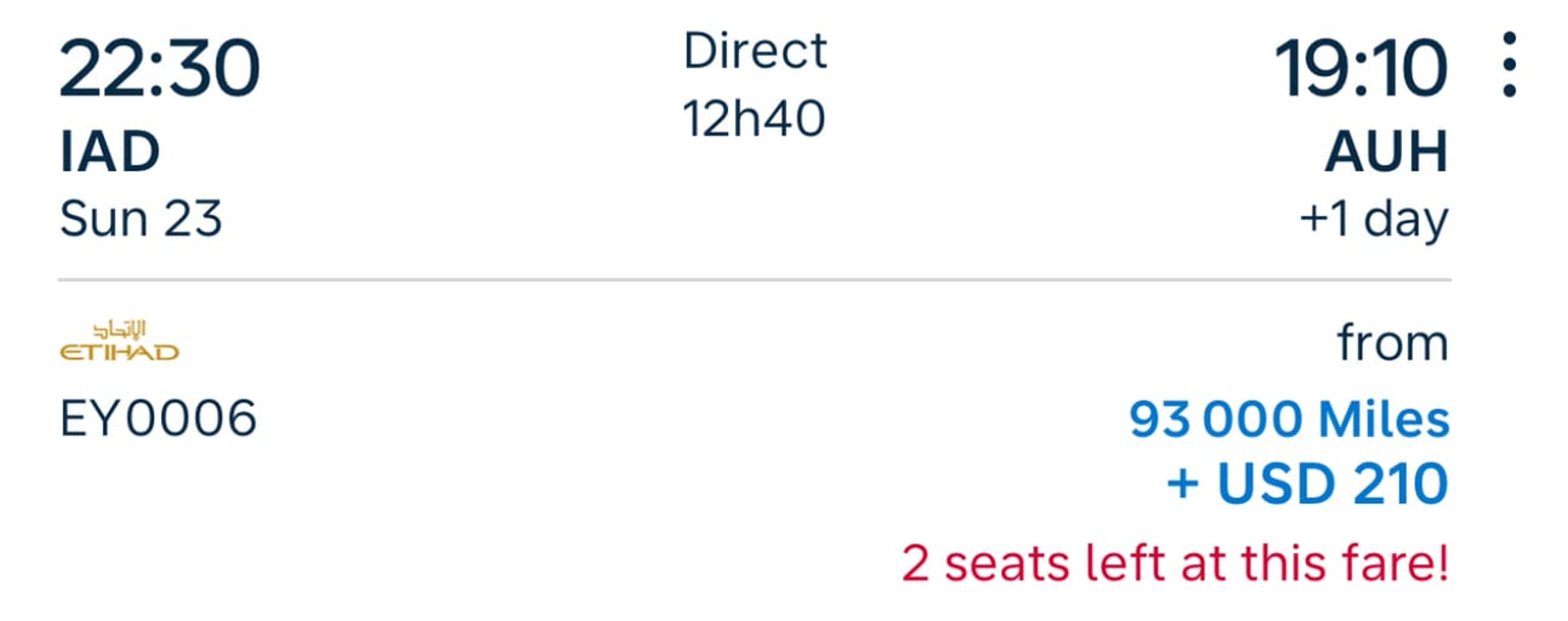 Example of an Etihad business-class flight from Washington to Abu Dhabi for 93,000 Flying Blue miles