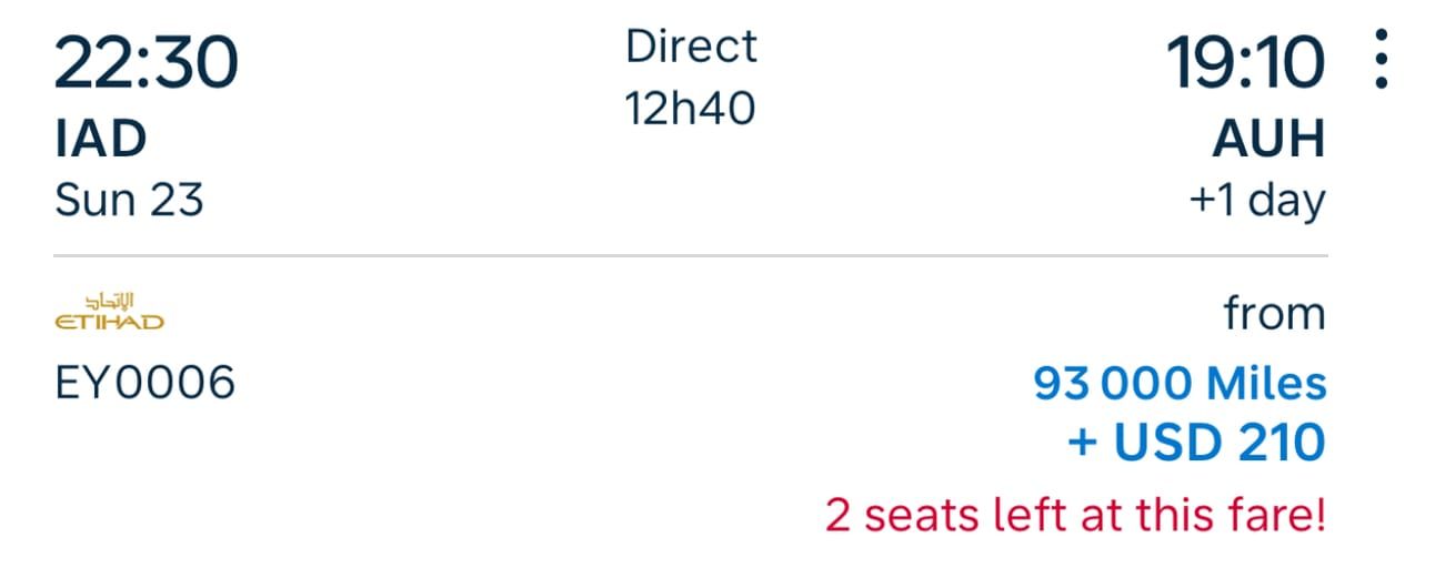 Example of an Etihad business-class flight from Washington to Abu Dhabi for 93,000 Flying Blue miles
