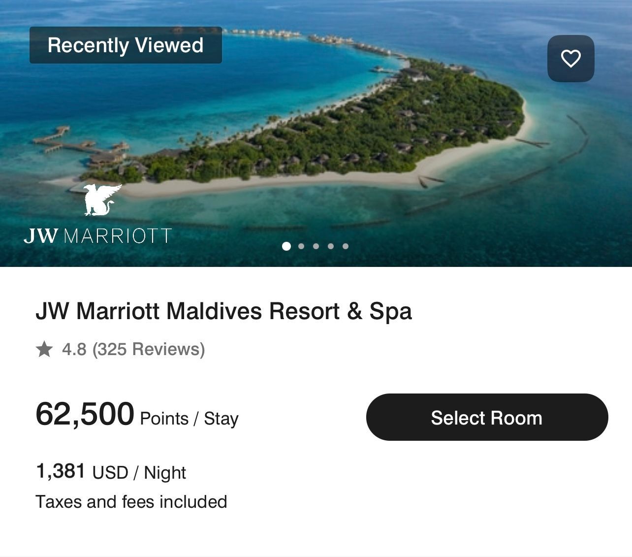 JW Marriott Maldives for 62,500 points per night