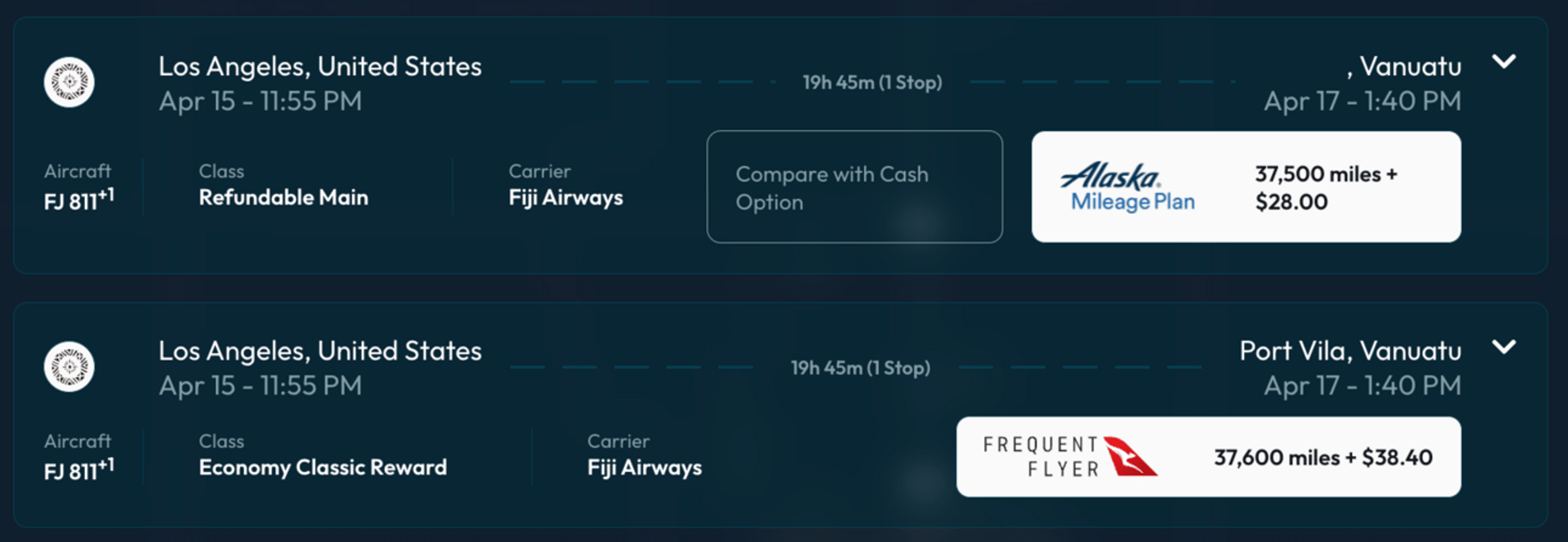 Los Angeles to Port Vila for 37,500 points