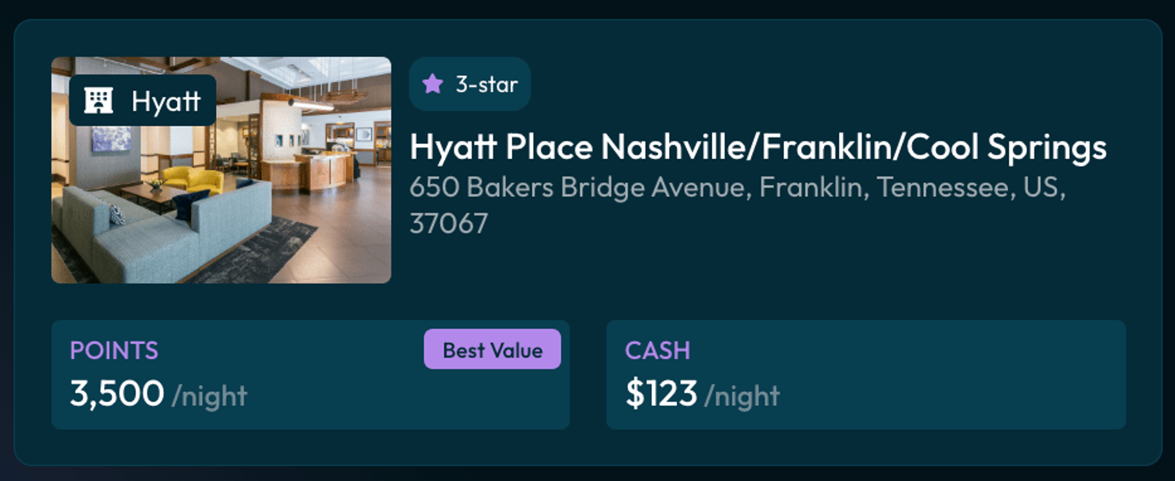 Hyatt Place Nashville for 3,500 points per night