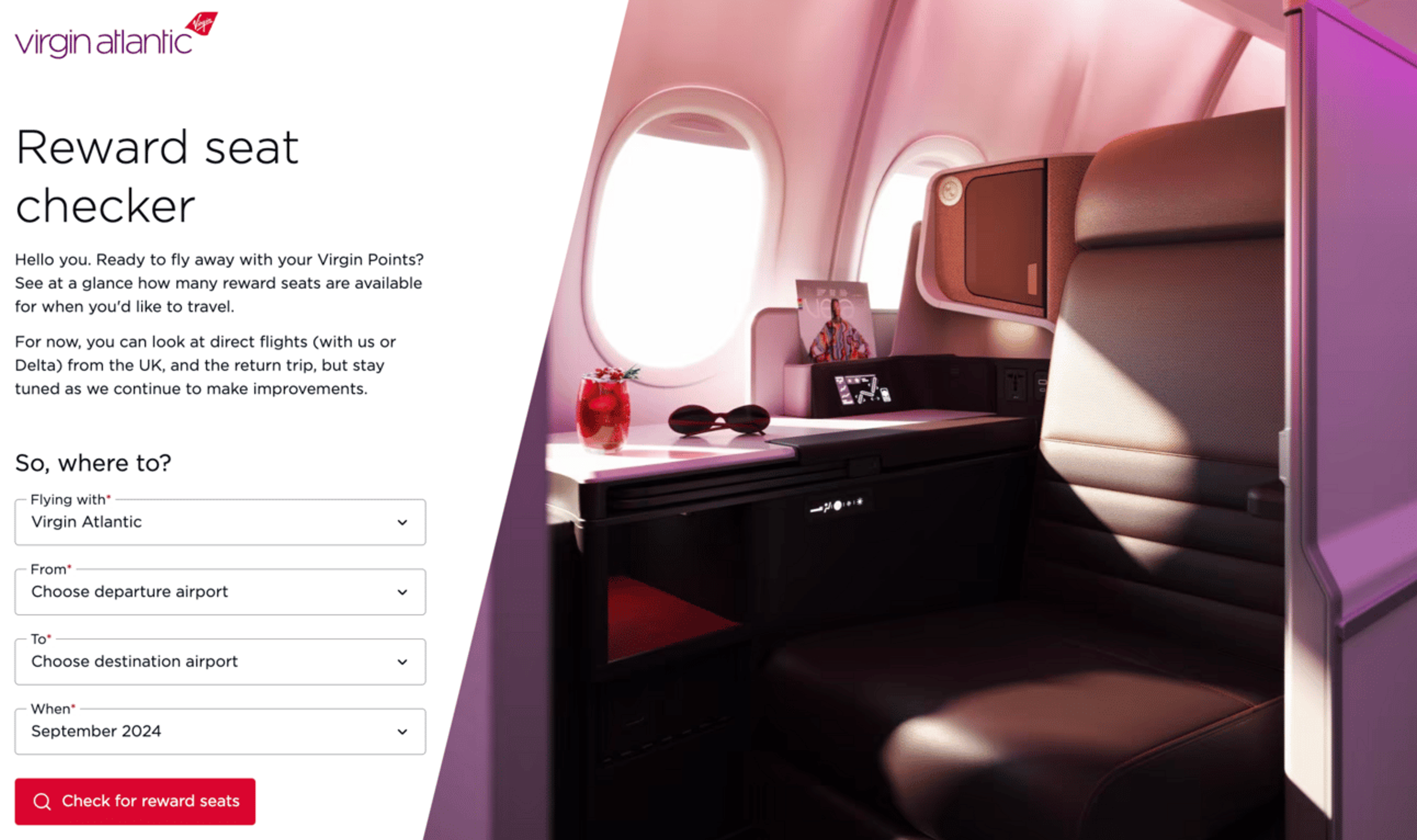 A screenshot of Virgin's "Reward Seat Checker" tool