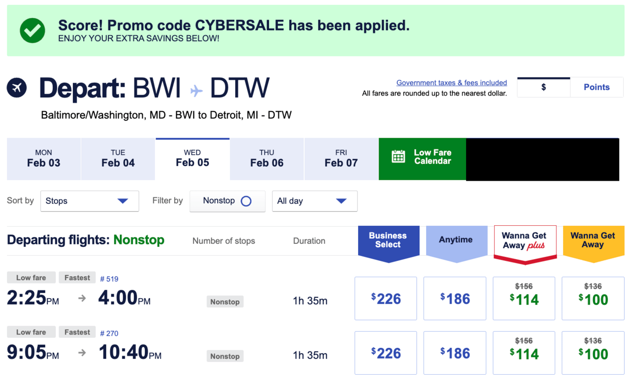 BWI-DTW for 30% off with the Cyber Sale