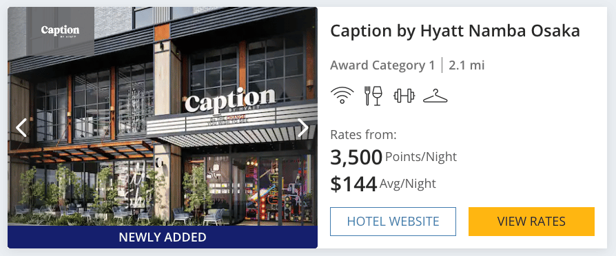 Screenshot of the Caption by Hyatt in Osaka for 3,500 points per night