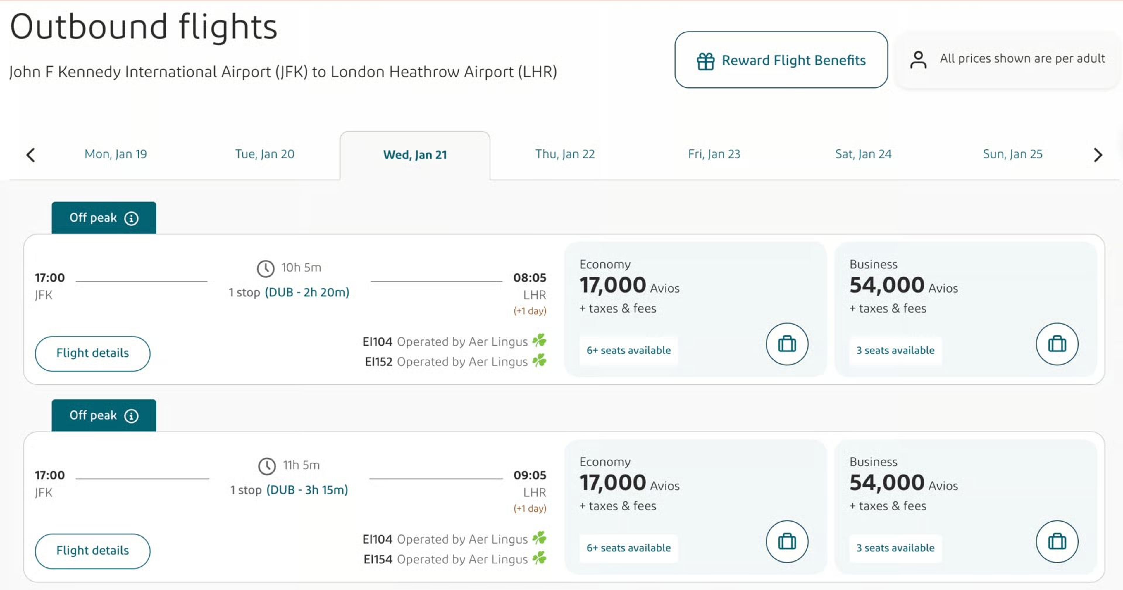 JFK to LHR for 17k Avios one way