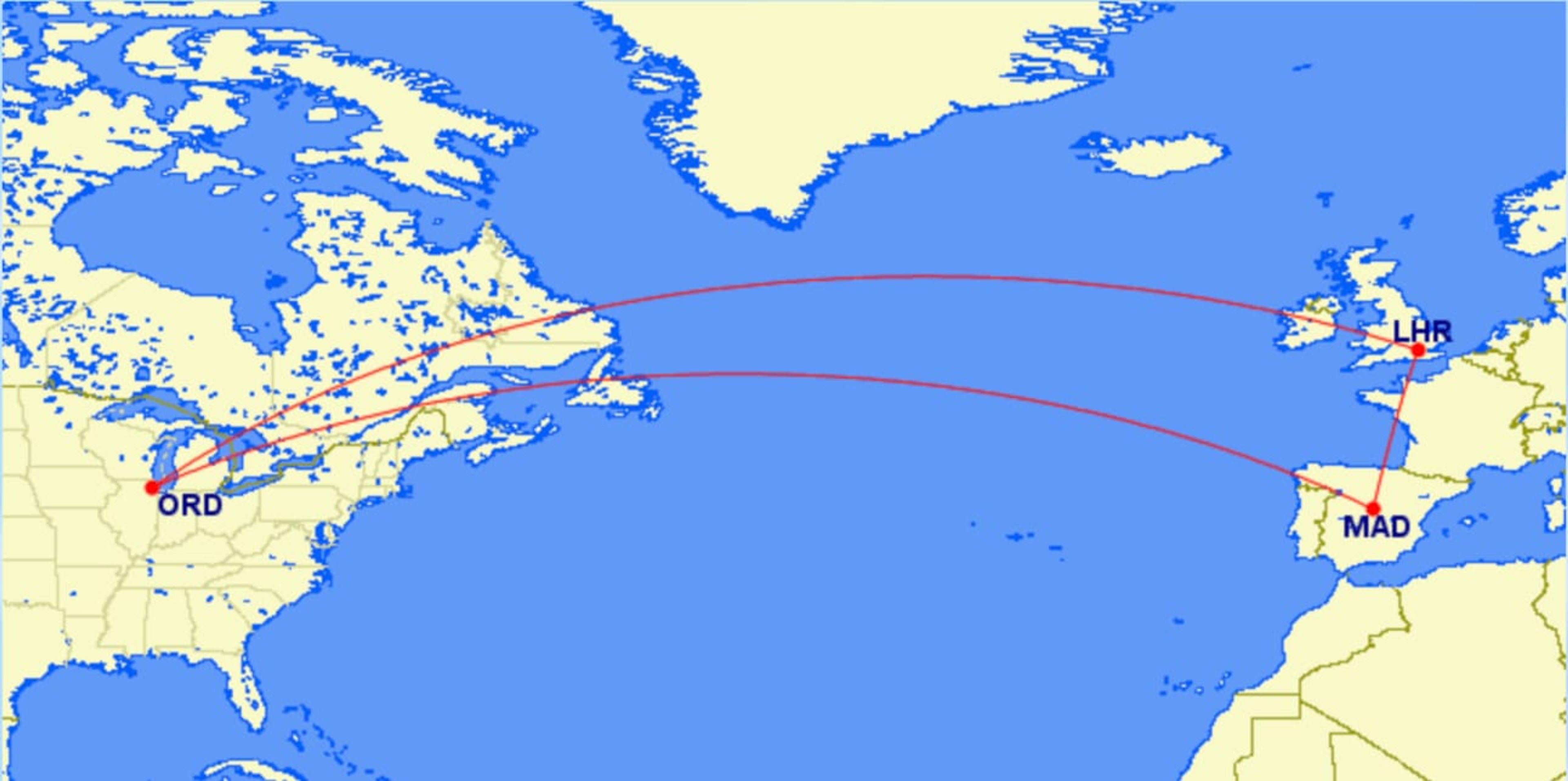A map of an example flight routing from the US to Europe and back