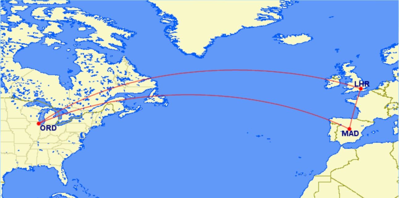 A map of an example flight routing from the US to Europe and back