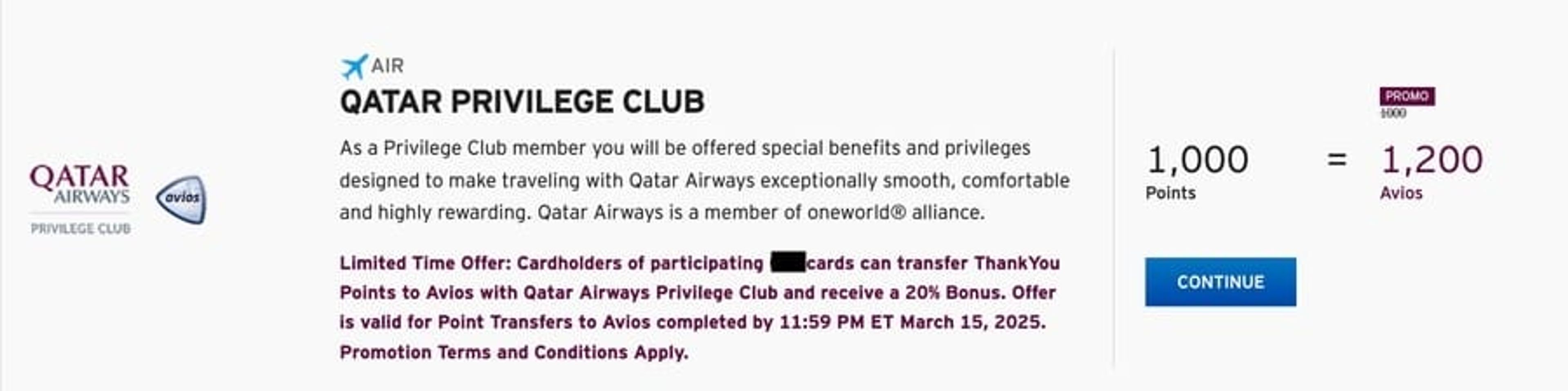 20% transfer bonus to Qatar Avios