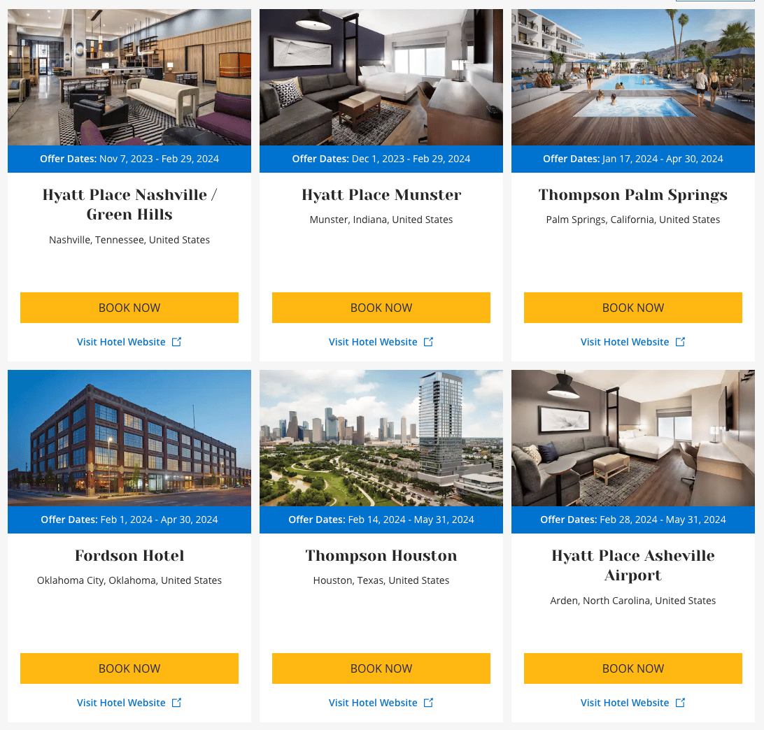 A screenshot showing a handful of examples of Hyatt hotels that can currently earn you 500 bonus points per night