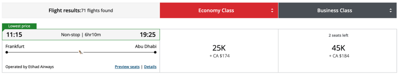 Example of an award redemption on Air Canada from Frankfurt to Abu Dhabi