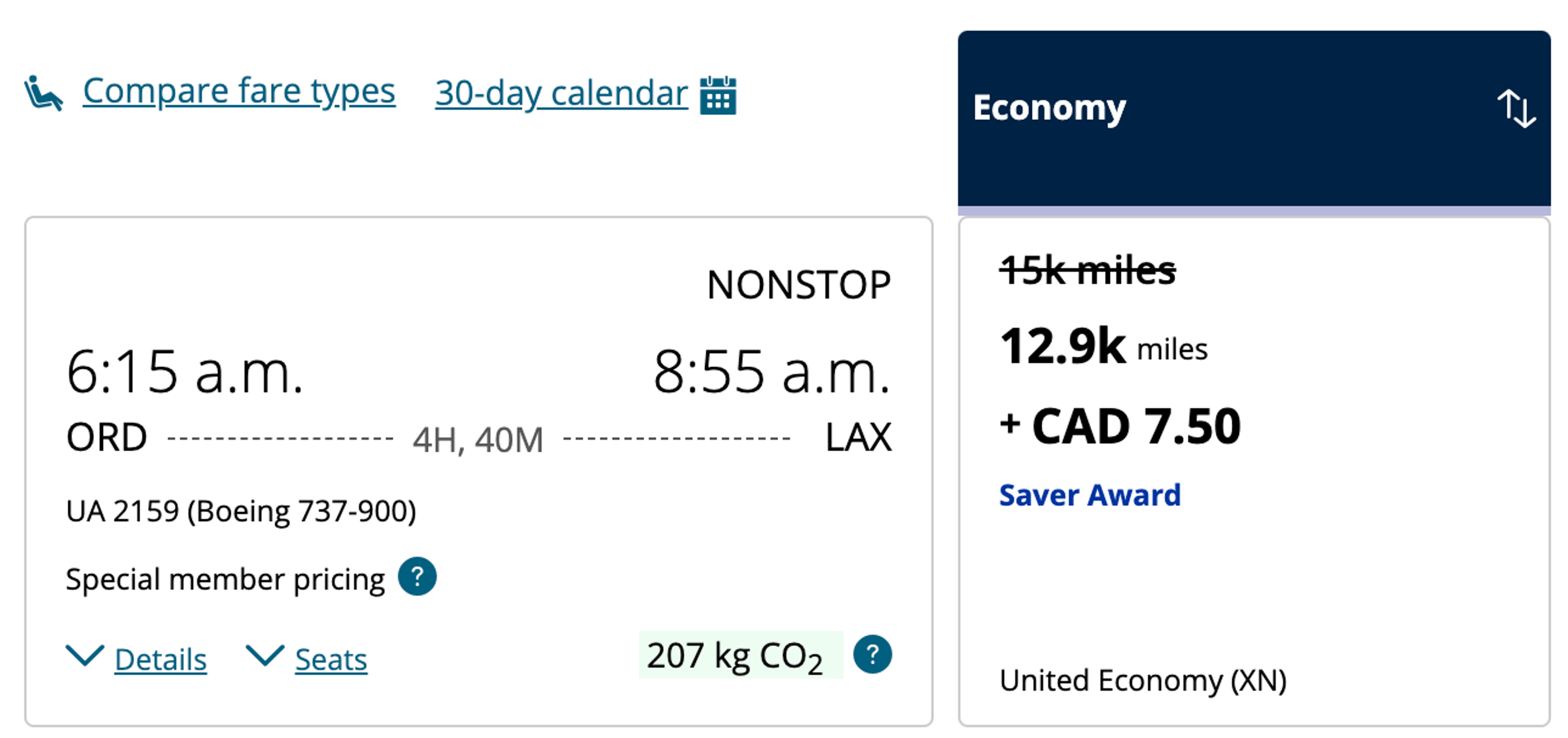 A screenshot of a United booking example