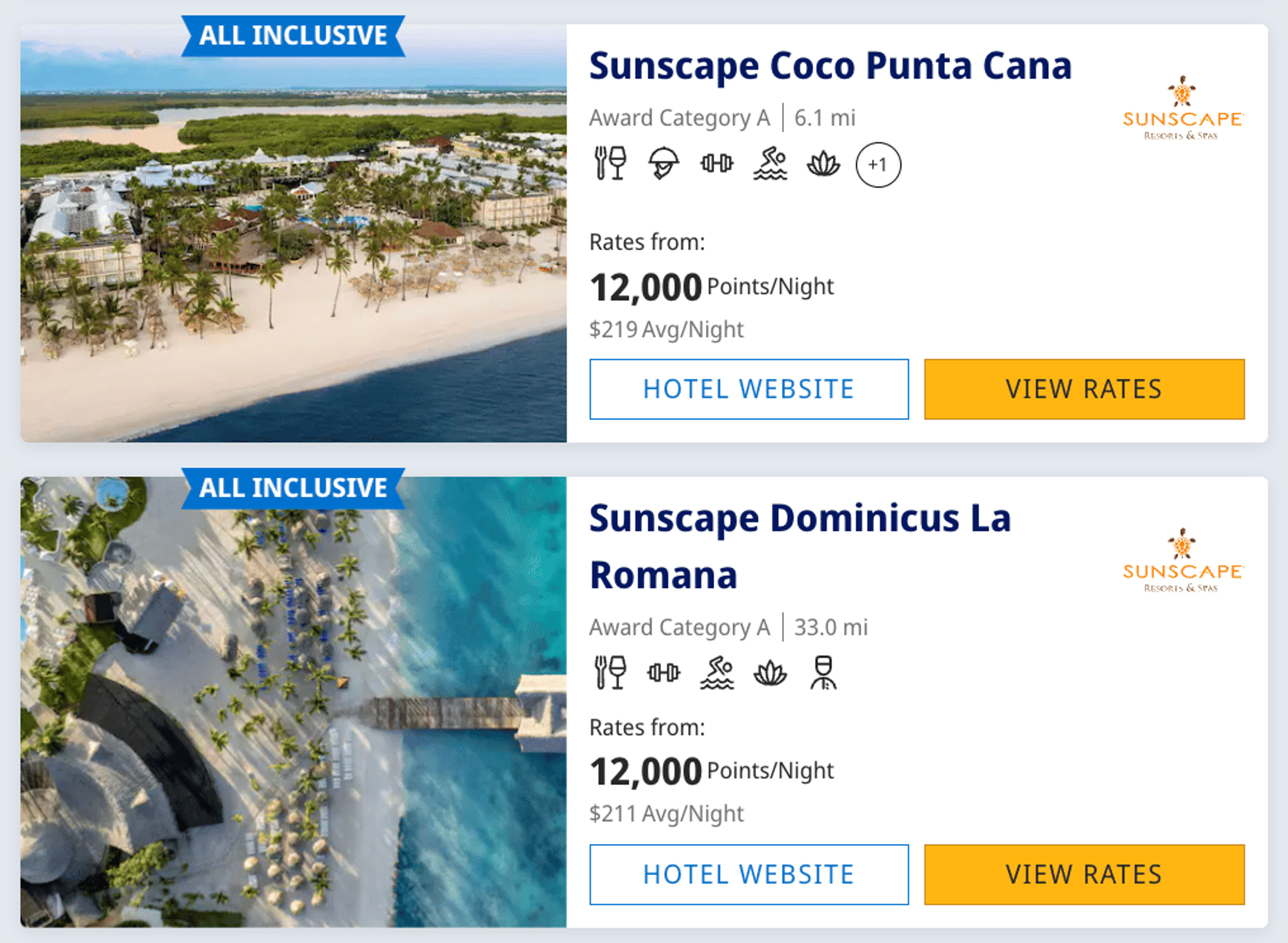 Examples of two all-inclusive hotels in Punta Cana or 12,000 points per night