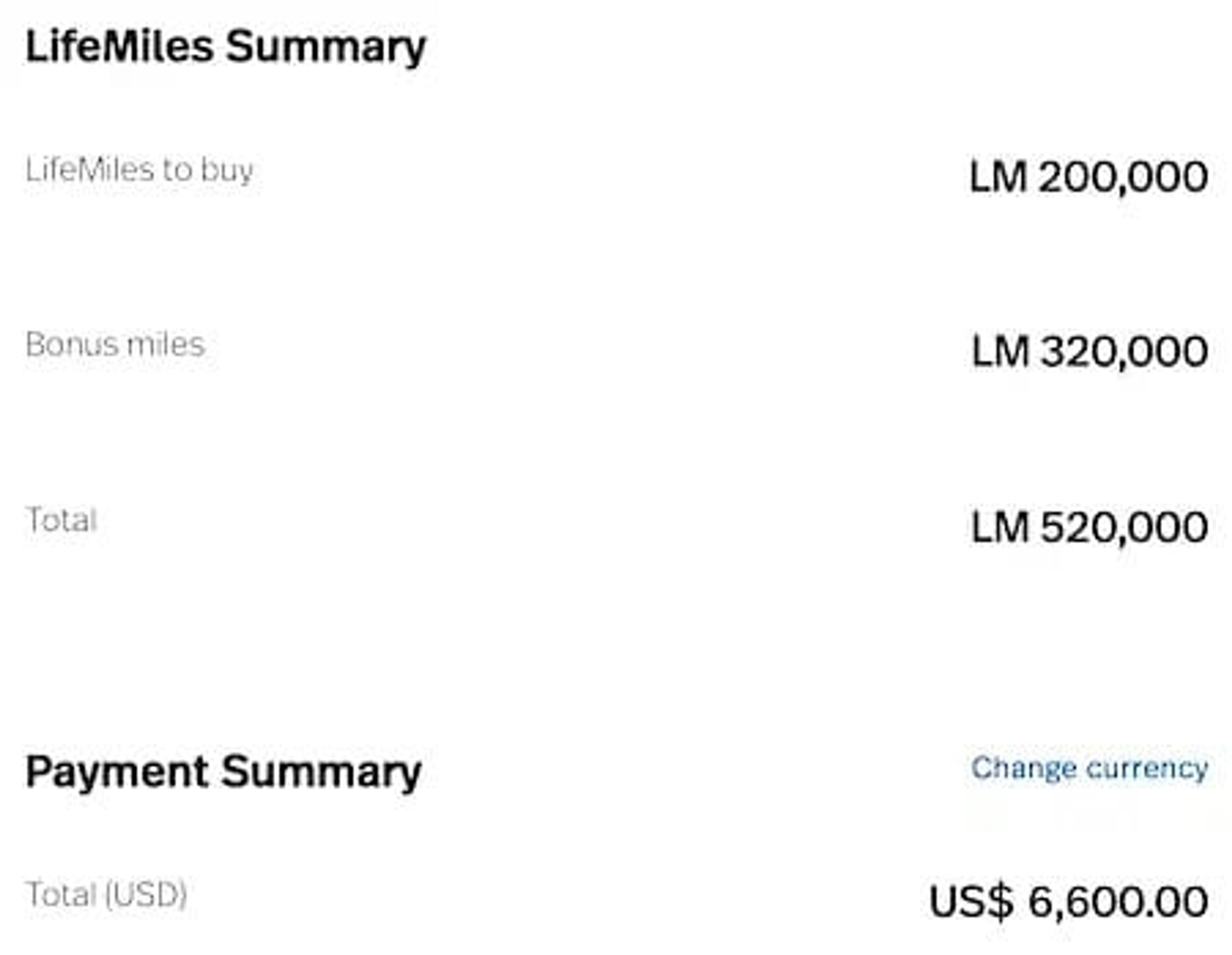 Example of buying 520,000 Lifemiles with a 160% bonus