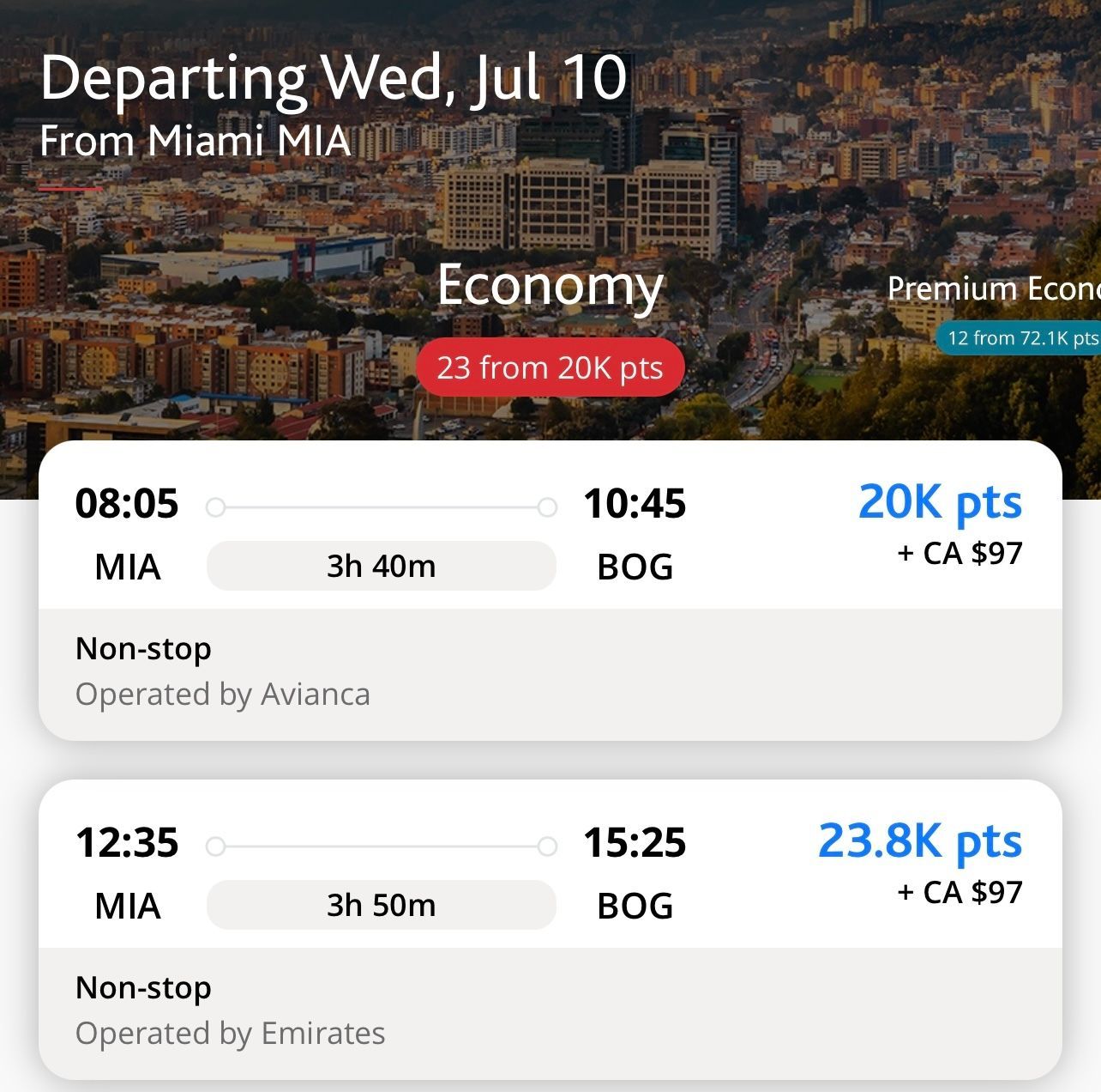 An example of booking the new Emirates flight using Aeroplan points (in economy)