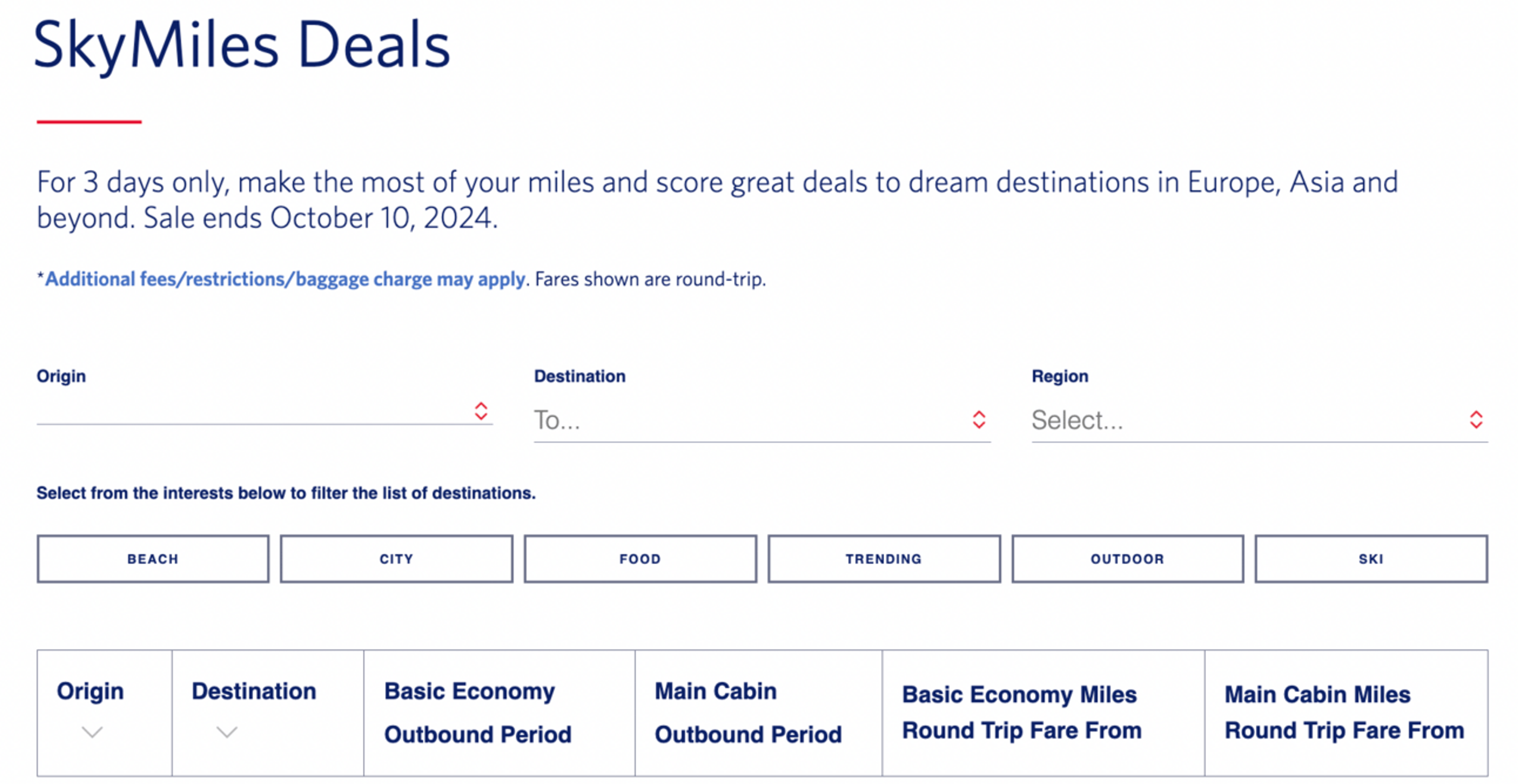 A screenshot from the search function of the sale page on Delta's website