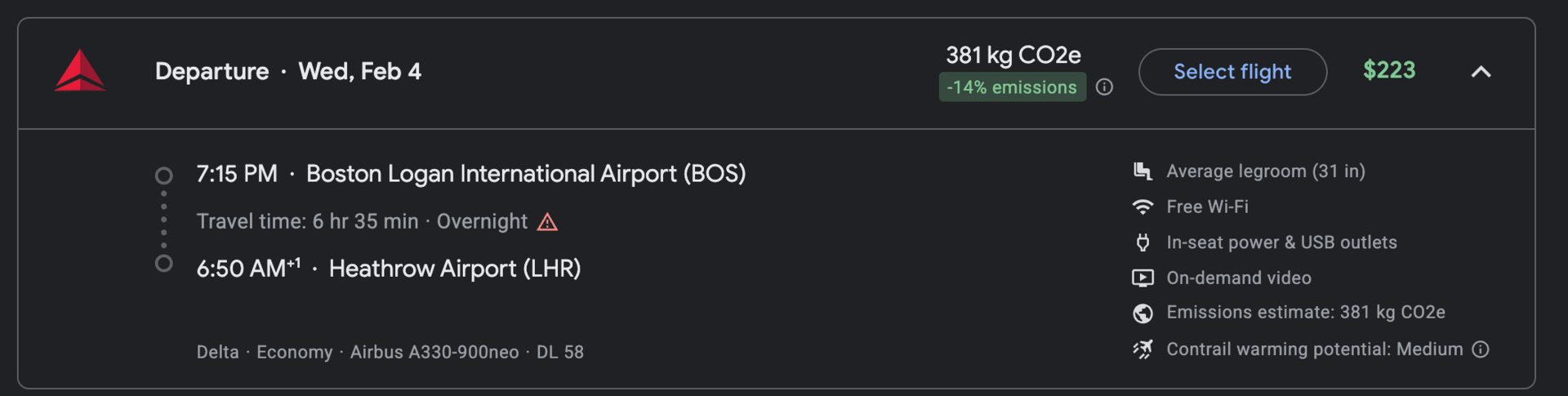 Boston to London on Delta for $223