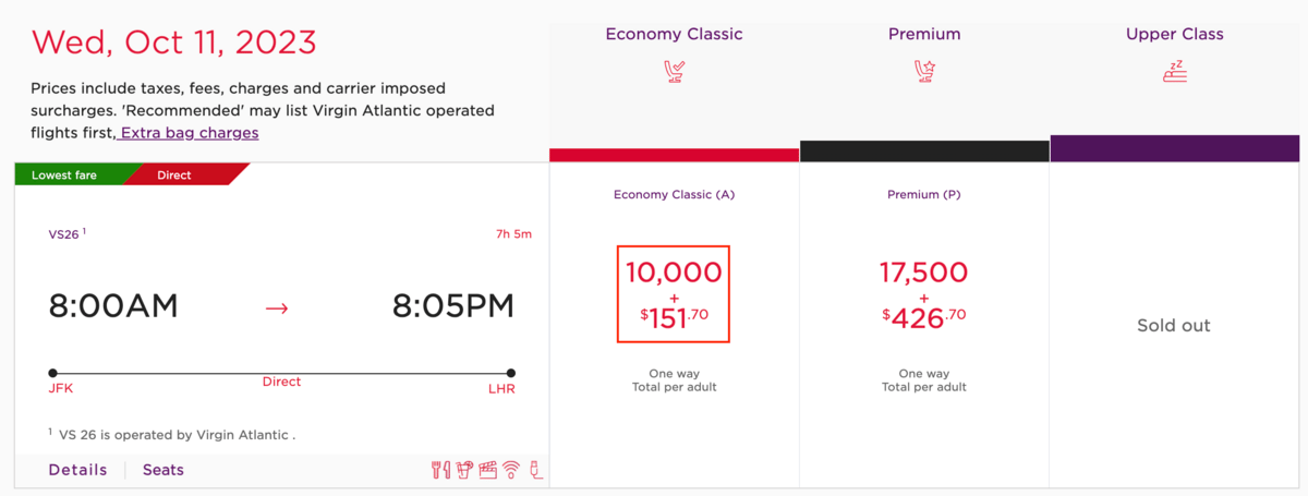 Booking NYC to London on Virginatlantic.com