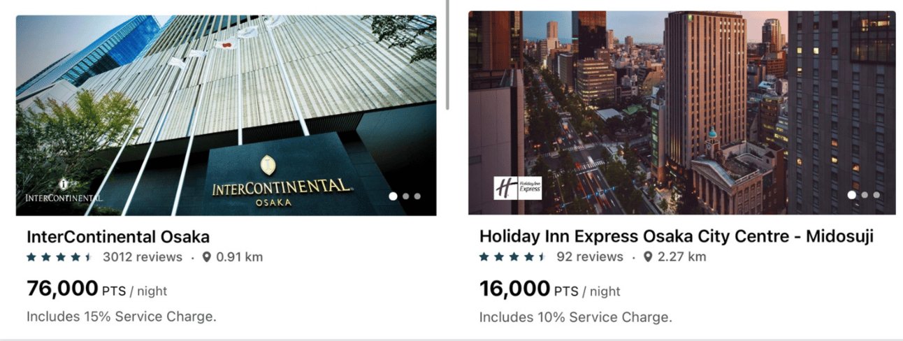 Comparison of expensive vs. cheap IHG hotels in Osaka