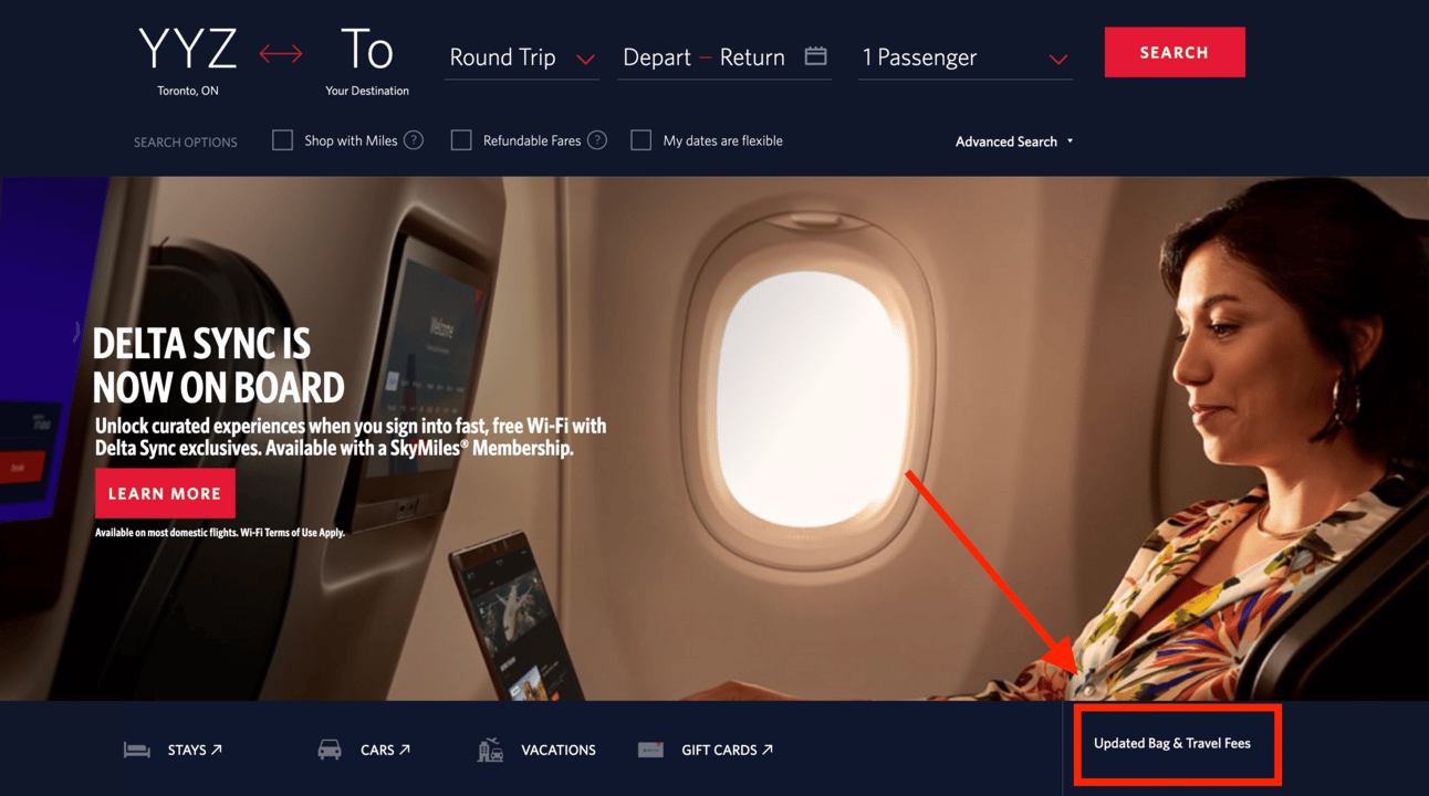 A screenshot of Delta's home page o their website
