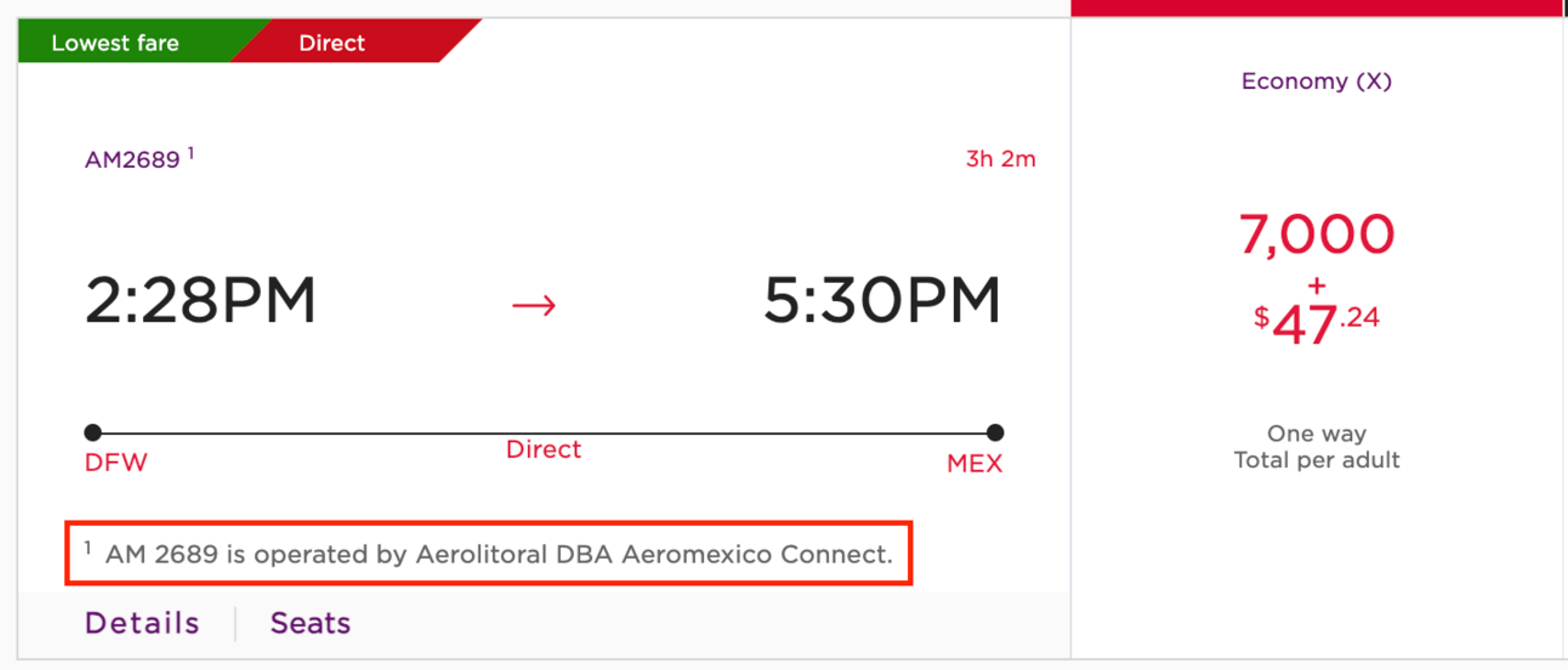 A screenshot from Virgin Atlantic showing an Aeromexico flight for 7,000 miles