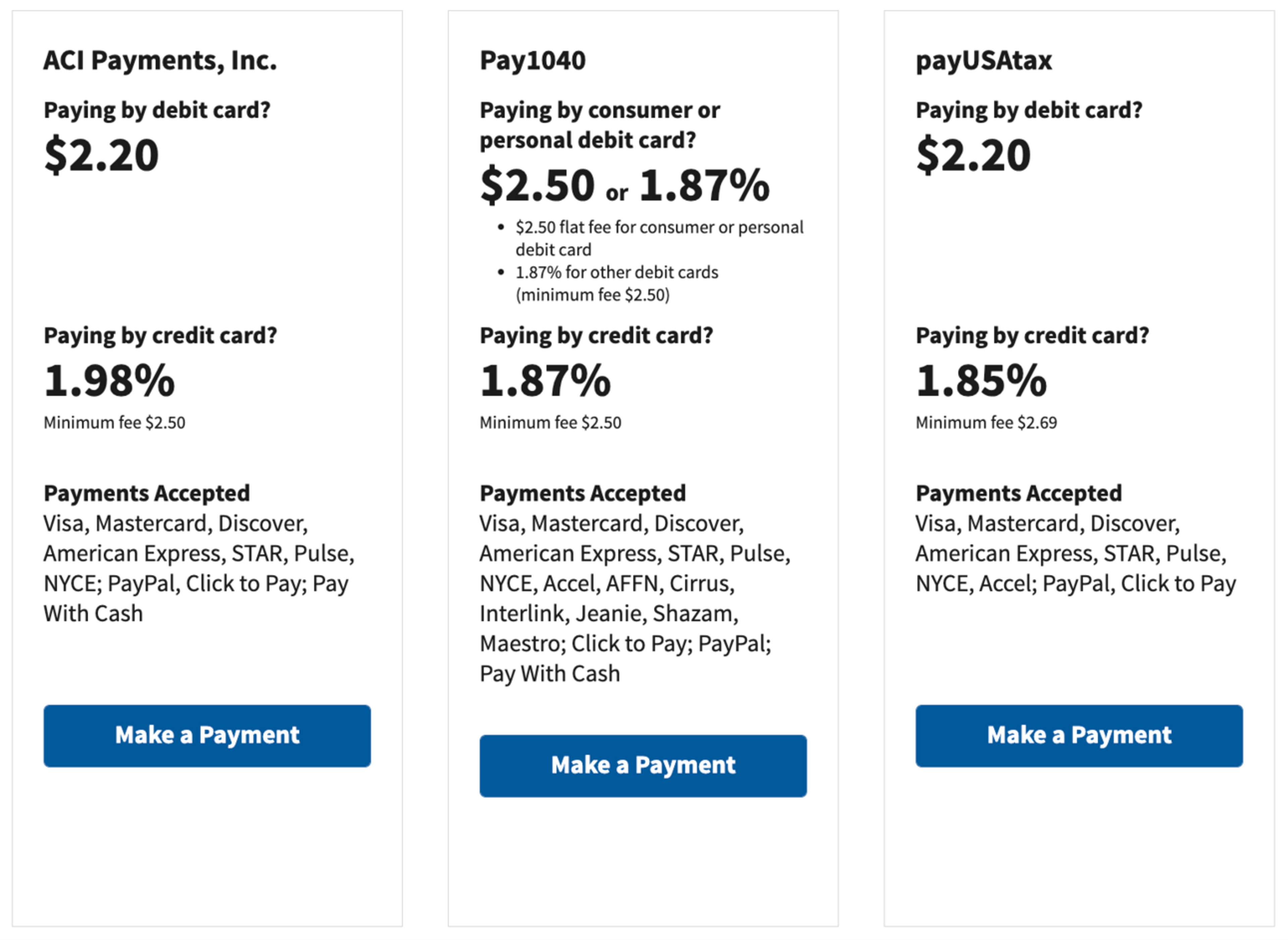 A screenshot fro the IRS website showing the various fees for paying taxes with a credit card