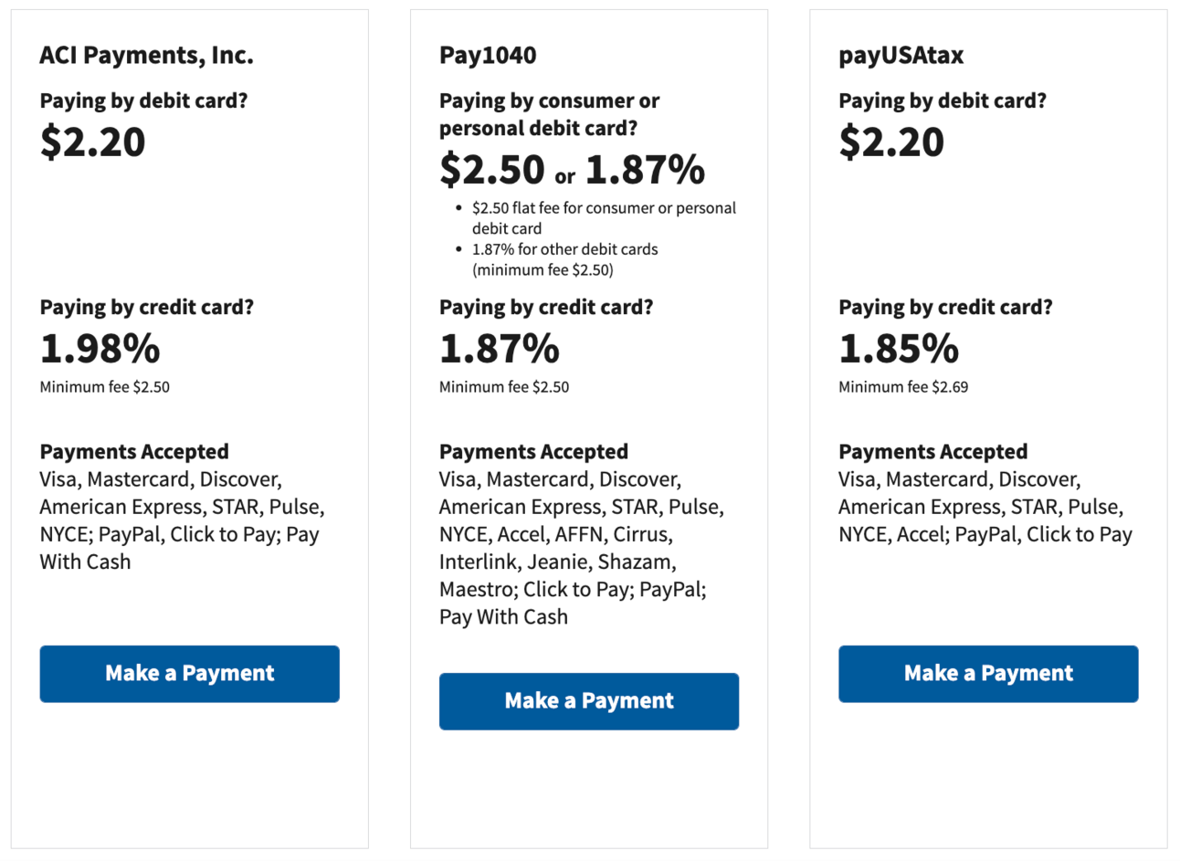 A screenshot fro the IRS website showing the various fees for paying taxes with a credit card