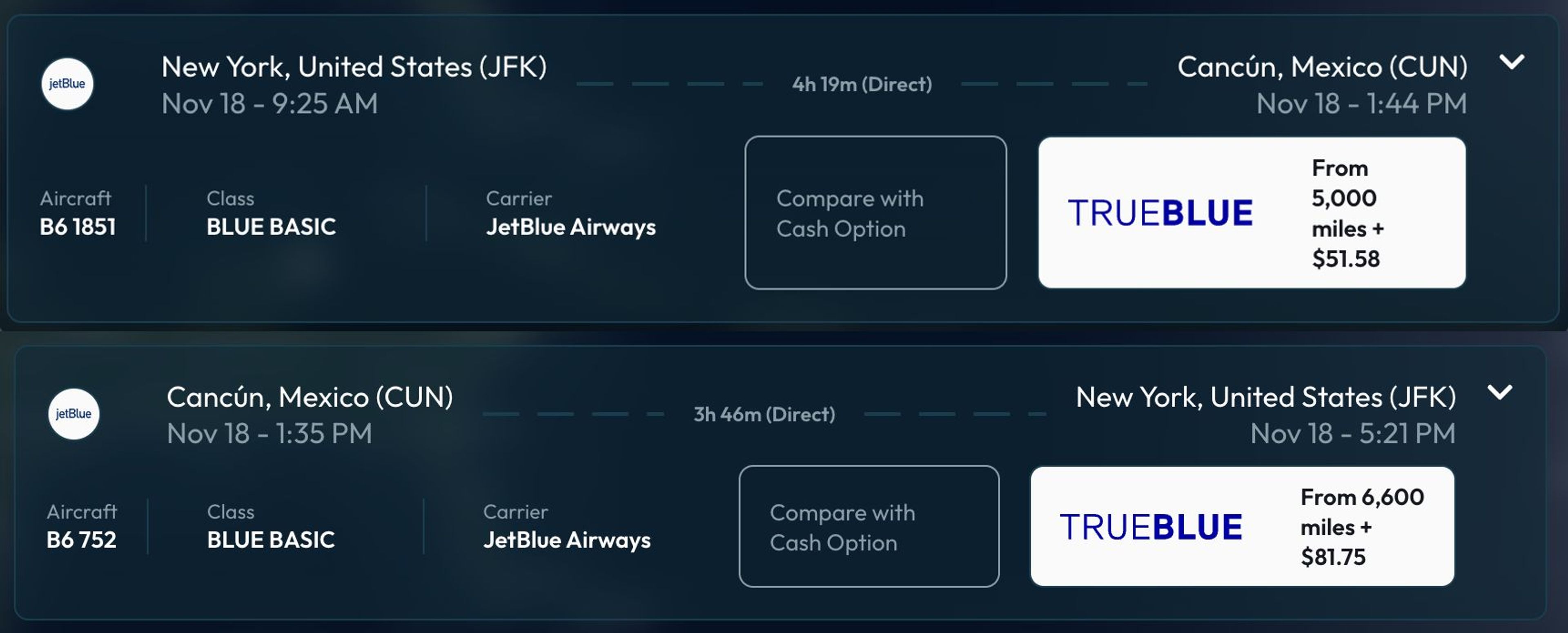 JetBlue round-trip flights between NYC and Cancun