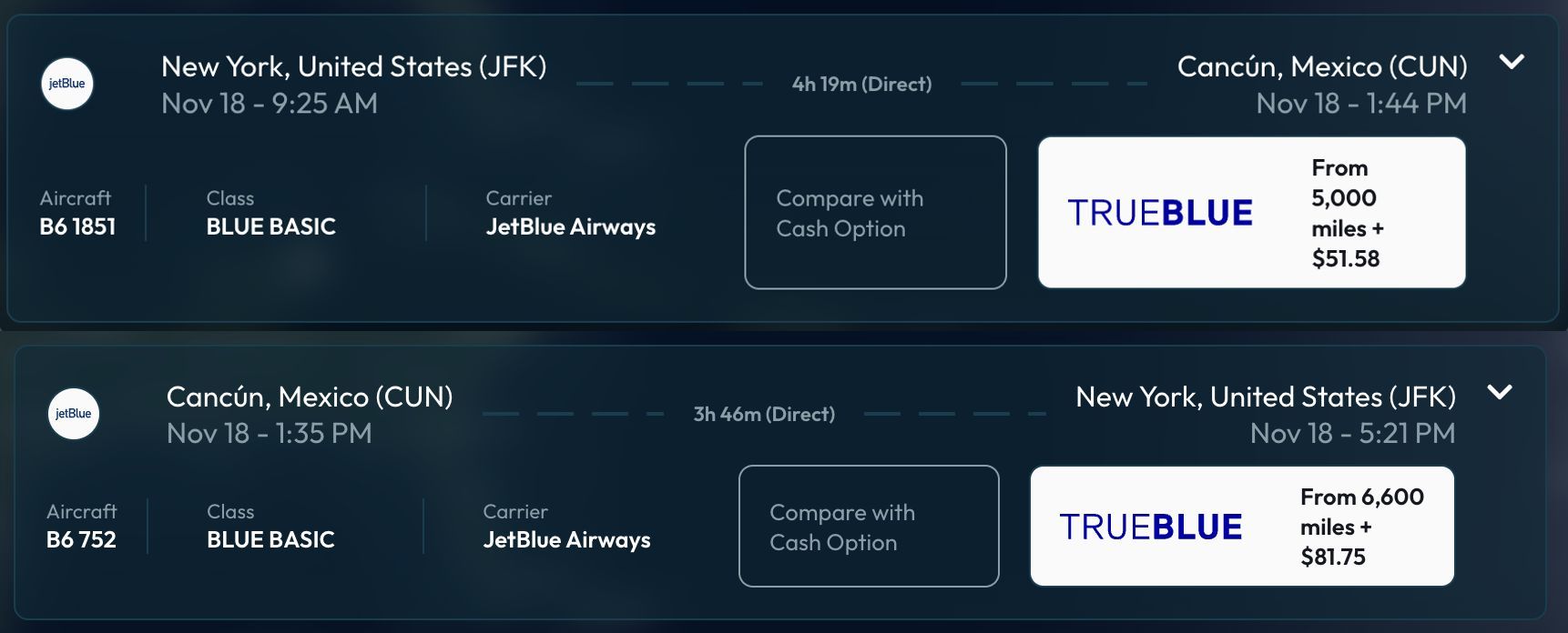 JetBlue round-trip flights between NYC and Cancun