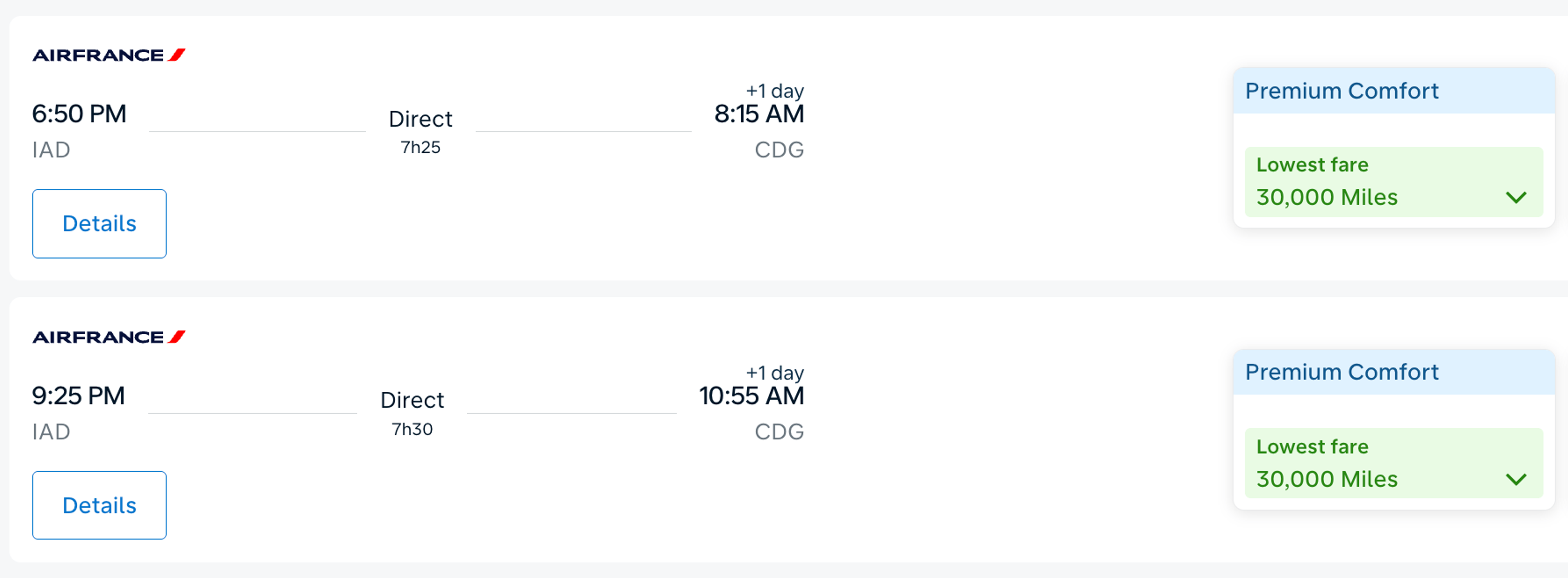 Washington to Paris for 30,000 miles in premium economy