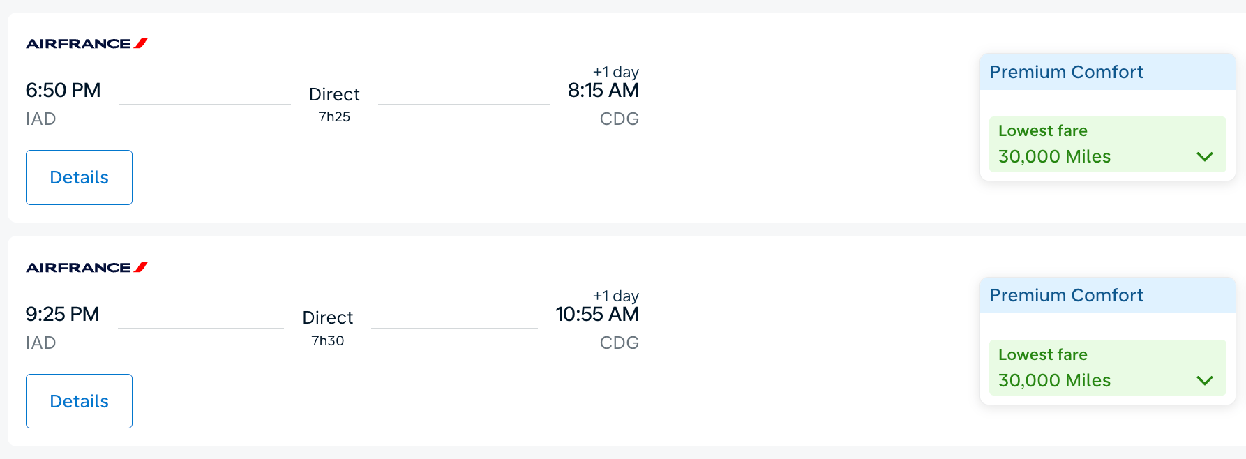 Washington to Paris for 30,000 miles in premium economy