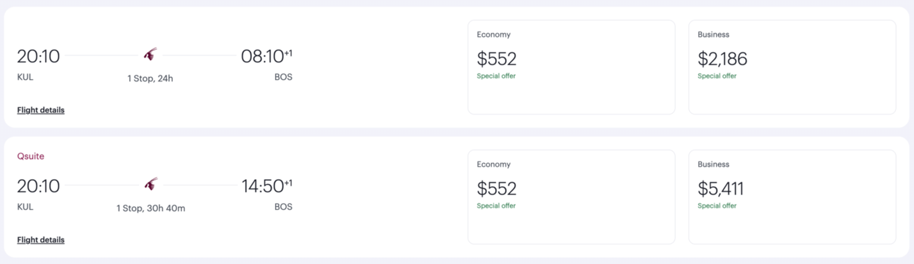 KUL-BOS on Qatar Airways for $552