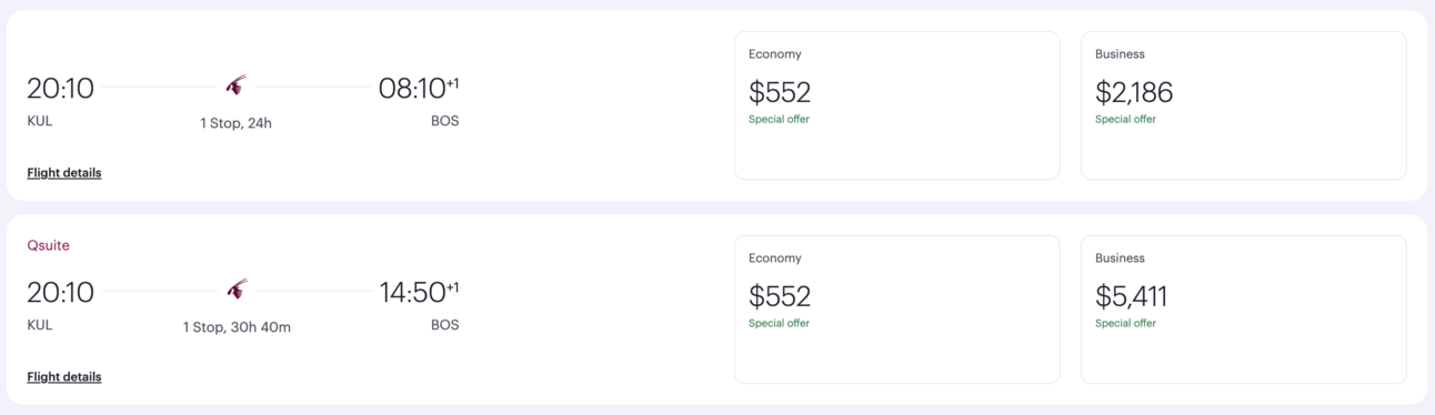 KUL-BOS on Qatar Airways for $552