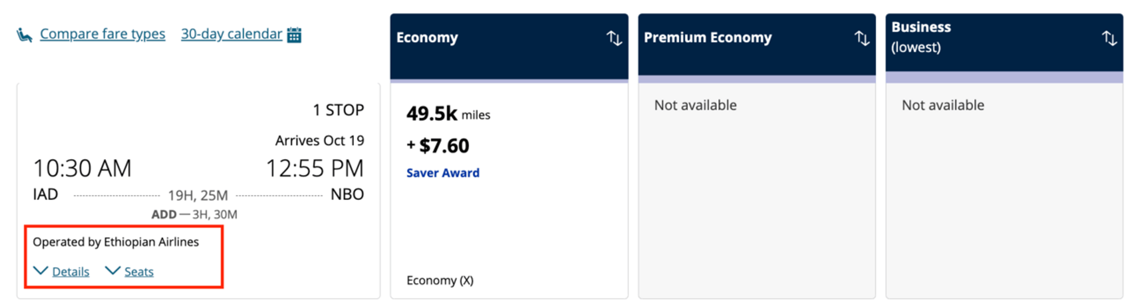 Example of booking Ethiopian flights using United miles