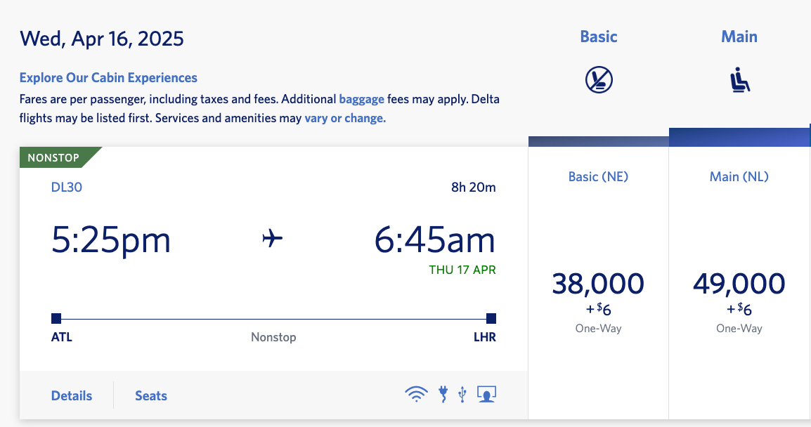Delta one way from Atlanta to London for 38,000 miles in economy