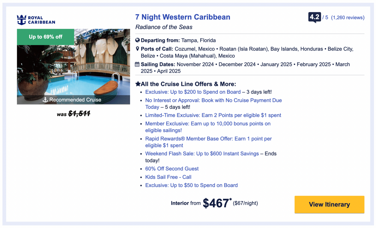 An example of a 7-night cruise on Southwest's website for $467, which included many of the benefits discussed in this section.