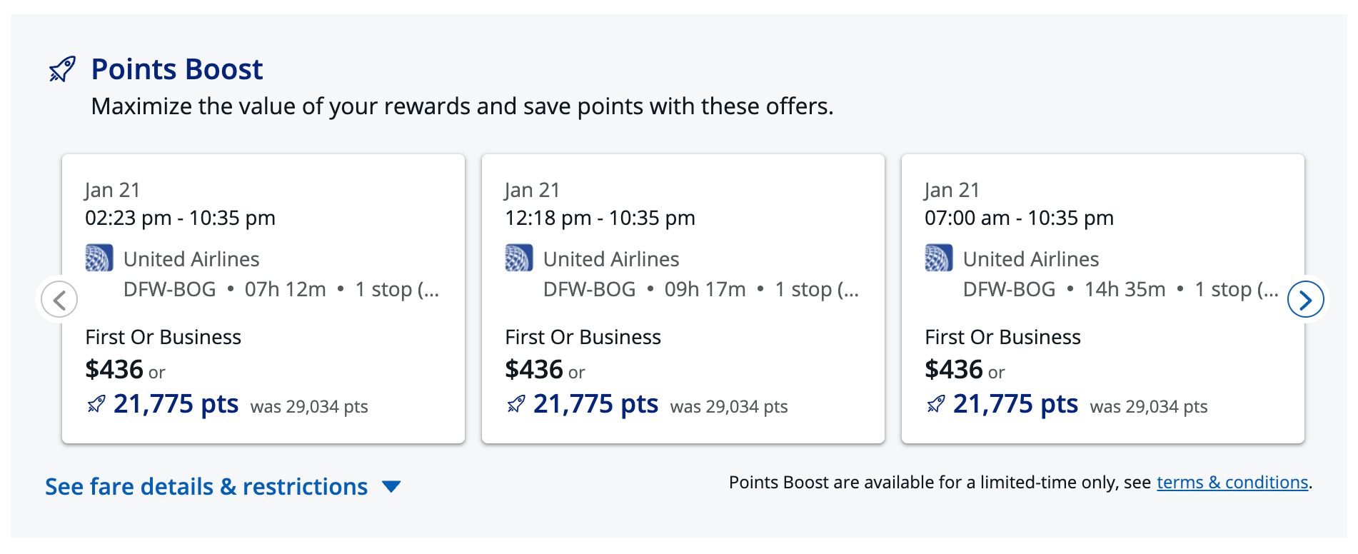 Example of a cheap business-class fare with Points boost
