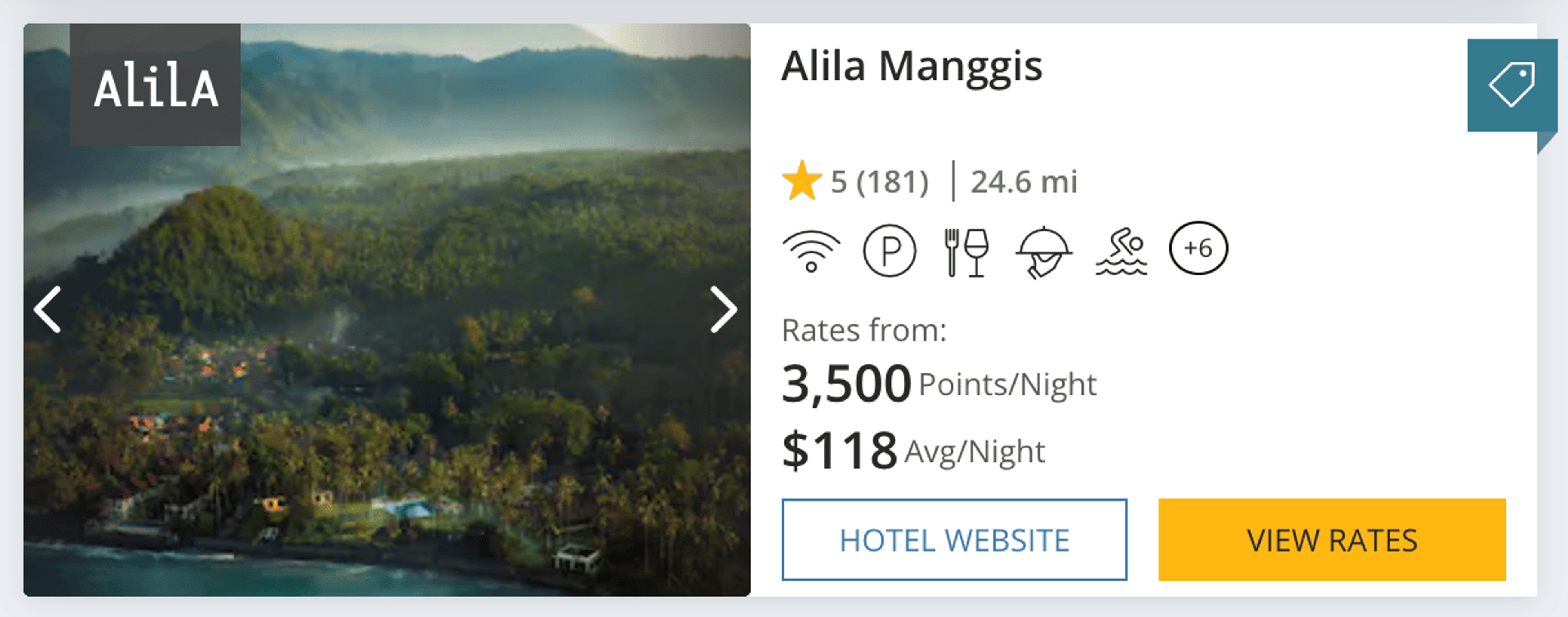 A screenshot showing a Hyatt property in Bali that costs 3,500 points per night
